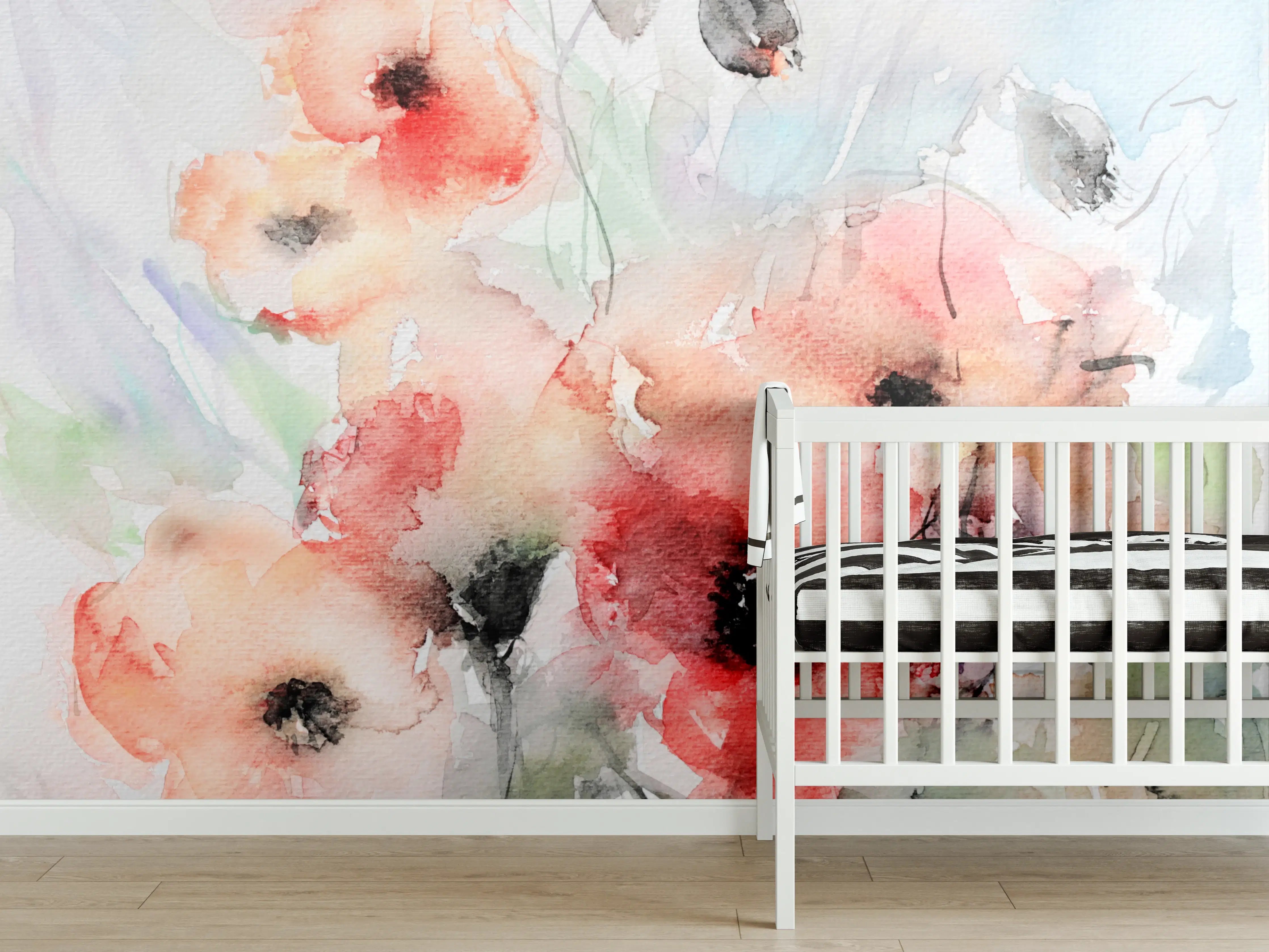 Babyzimmer Wandgestaltung - Aquarellierte Mohnblumen in sanften Pastelltönen