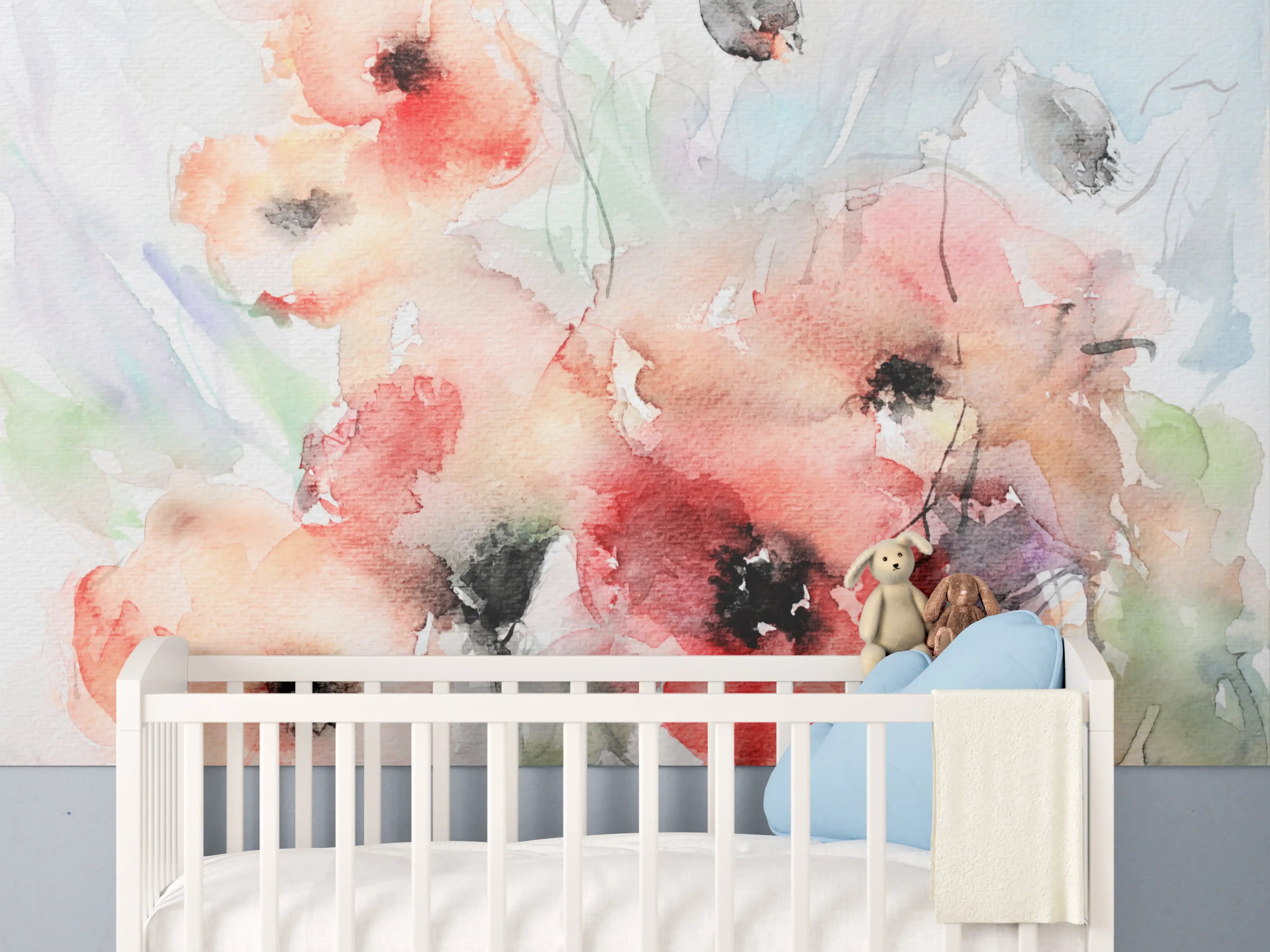Babyzimmer Wandgestaltung - Aquarellierte Mohnblumen in sanften Pastelltönen