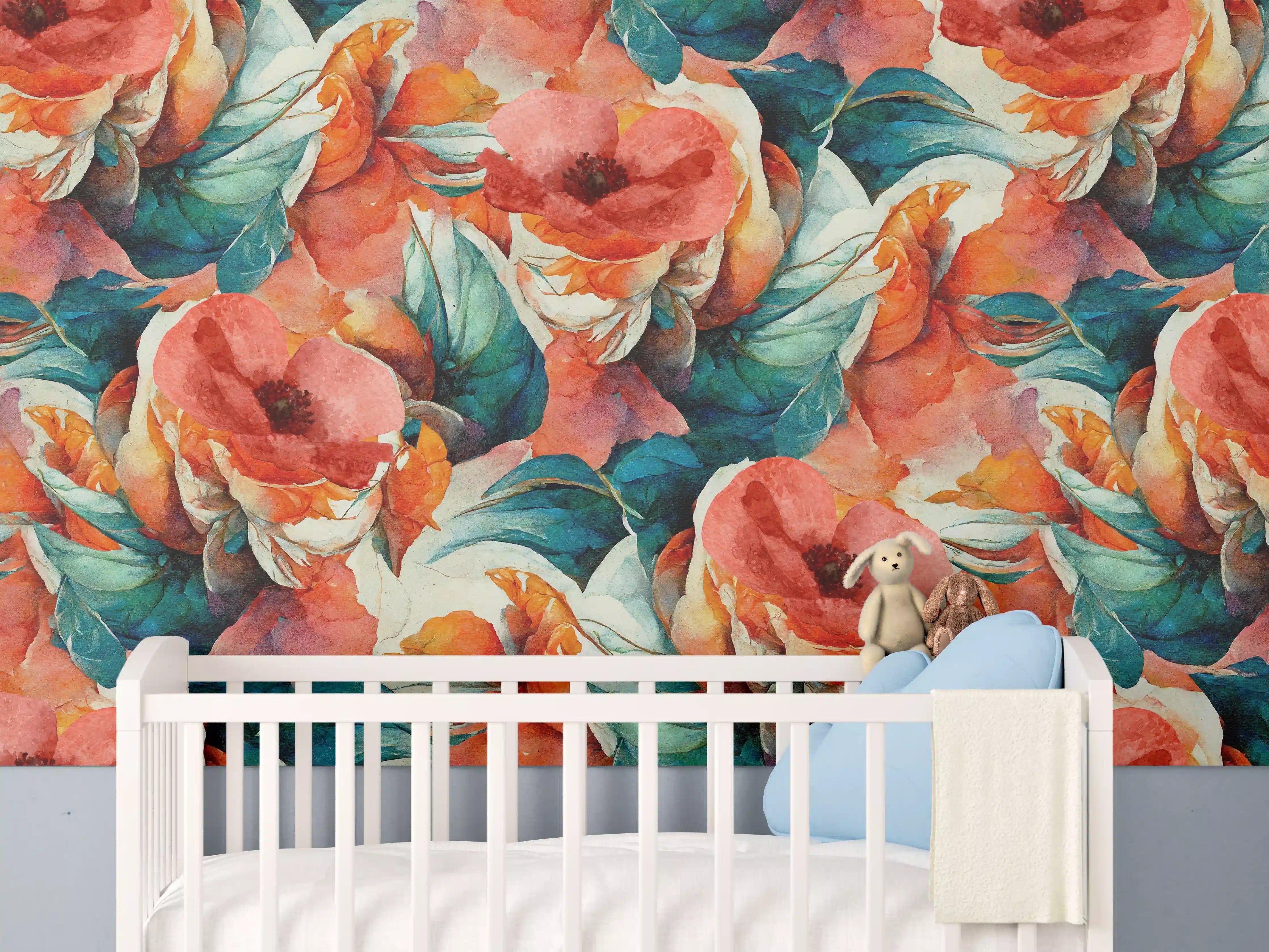 Babyzimmer Wandgestaltung - Aquarellpapier - Florales Muster