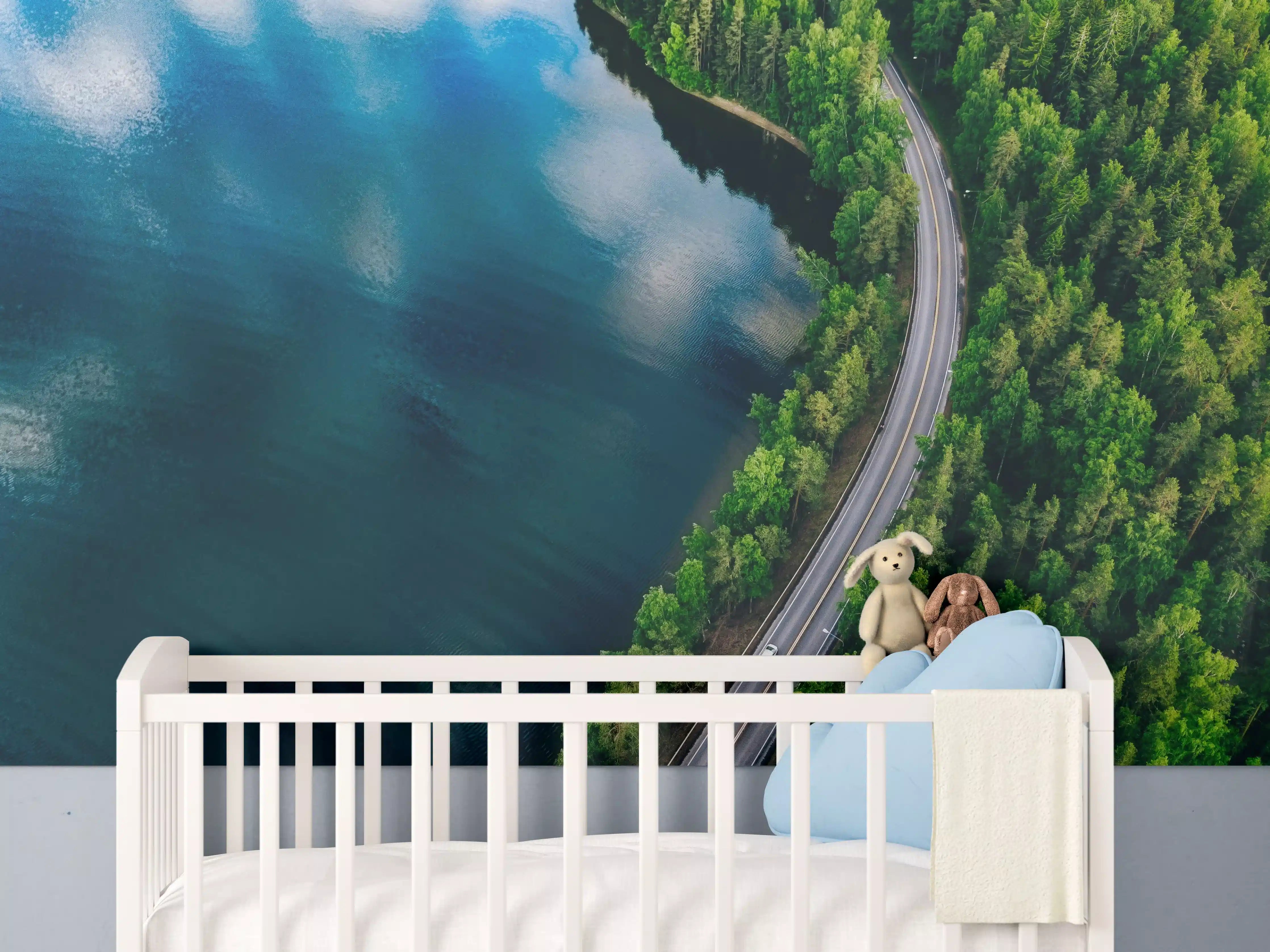 Babyzimmer Wandgestaltung - Atemberaubende Naturaufnahme mit See und Wald