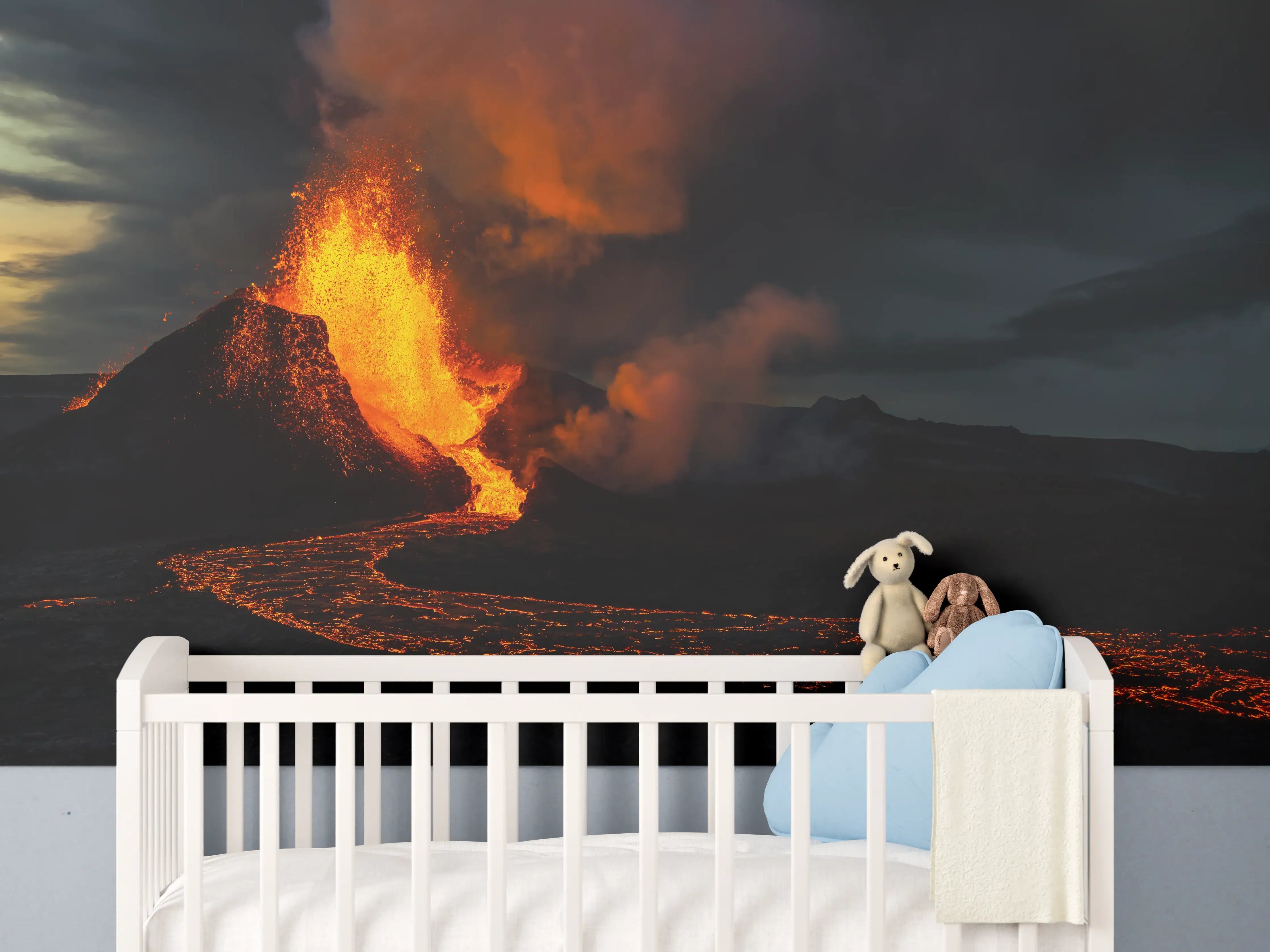 Babyzimmer Wandgestaltung - Ausbruch vom Vulkan in der Nacht