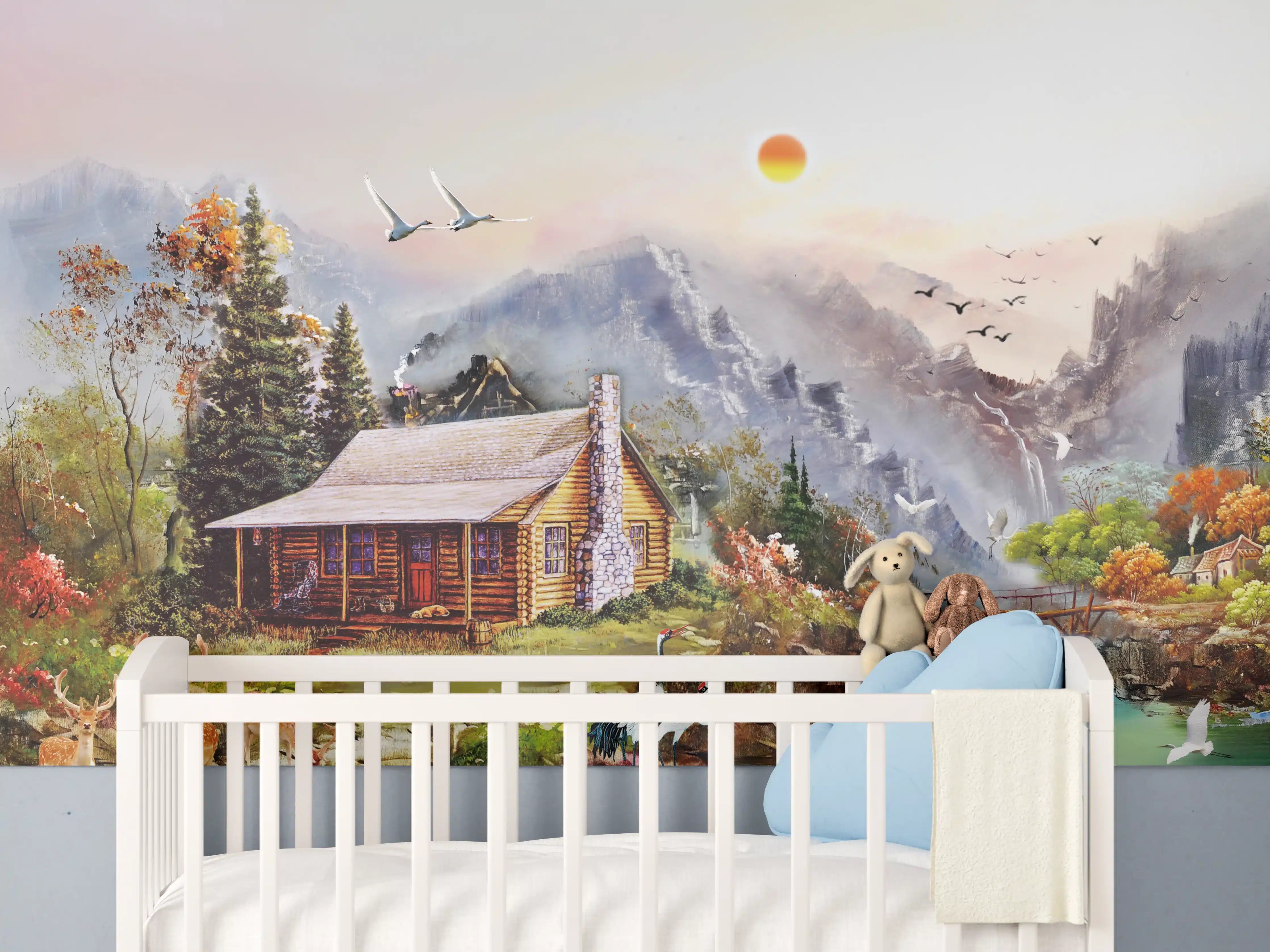 Babyzimmer Wandgestaltung - Aussicht auf eine einsame Hütte am Fluss