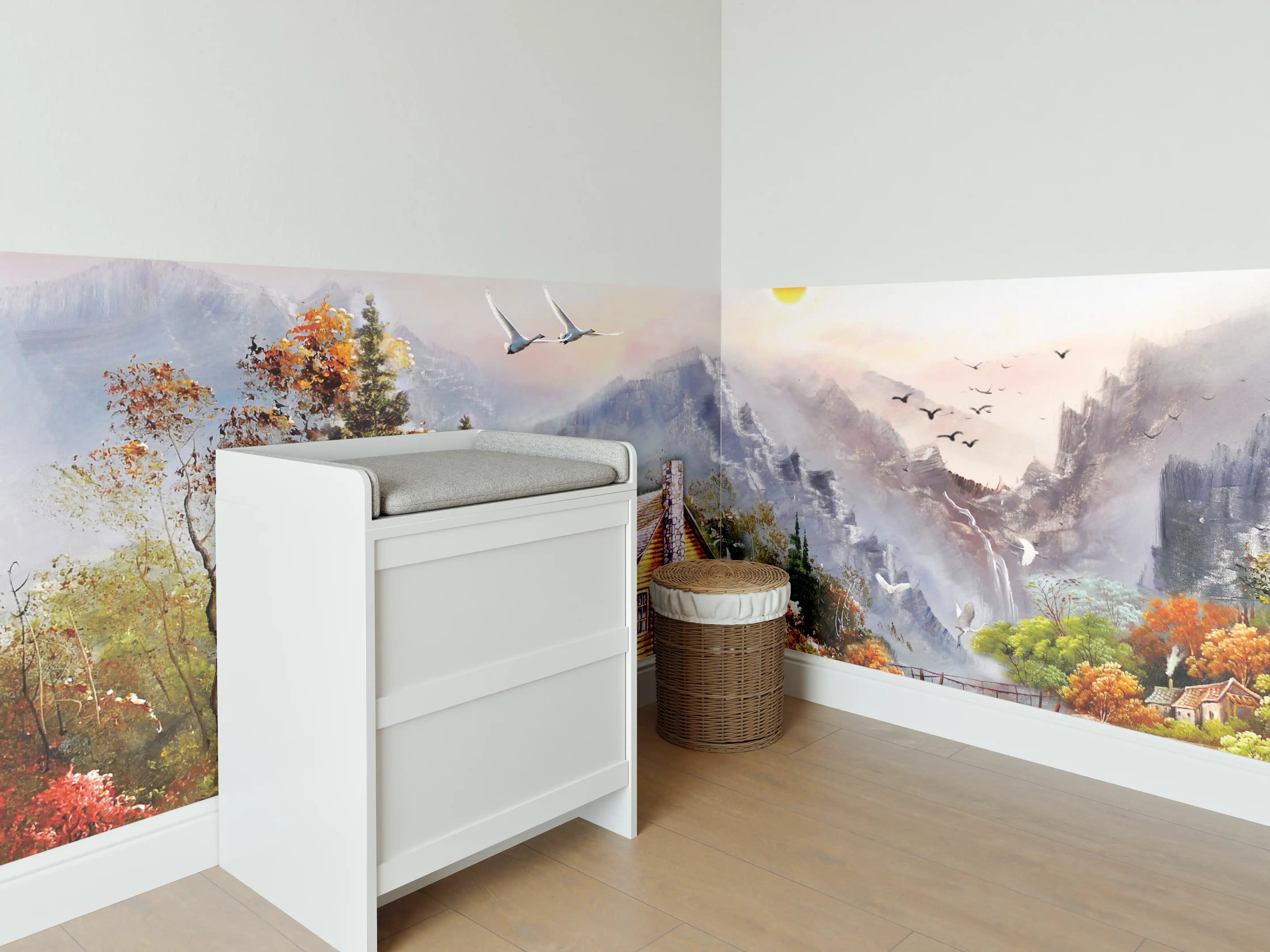 Babyzimmer Wandgestaltung - Aussicht auf eine einsame Hütte am Fluss