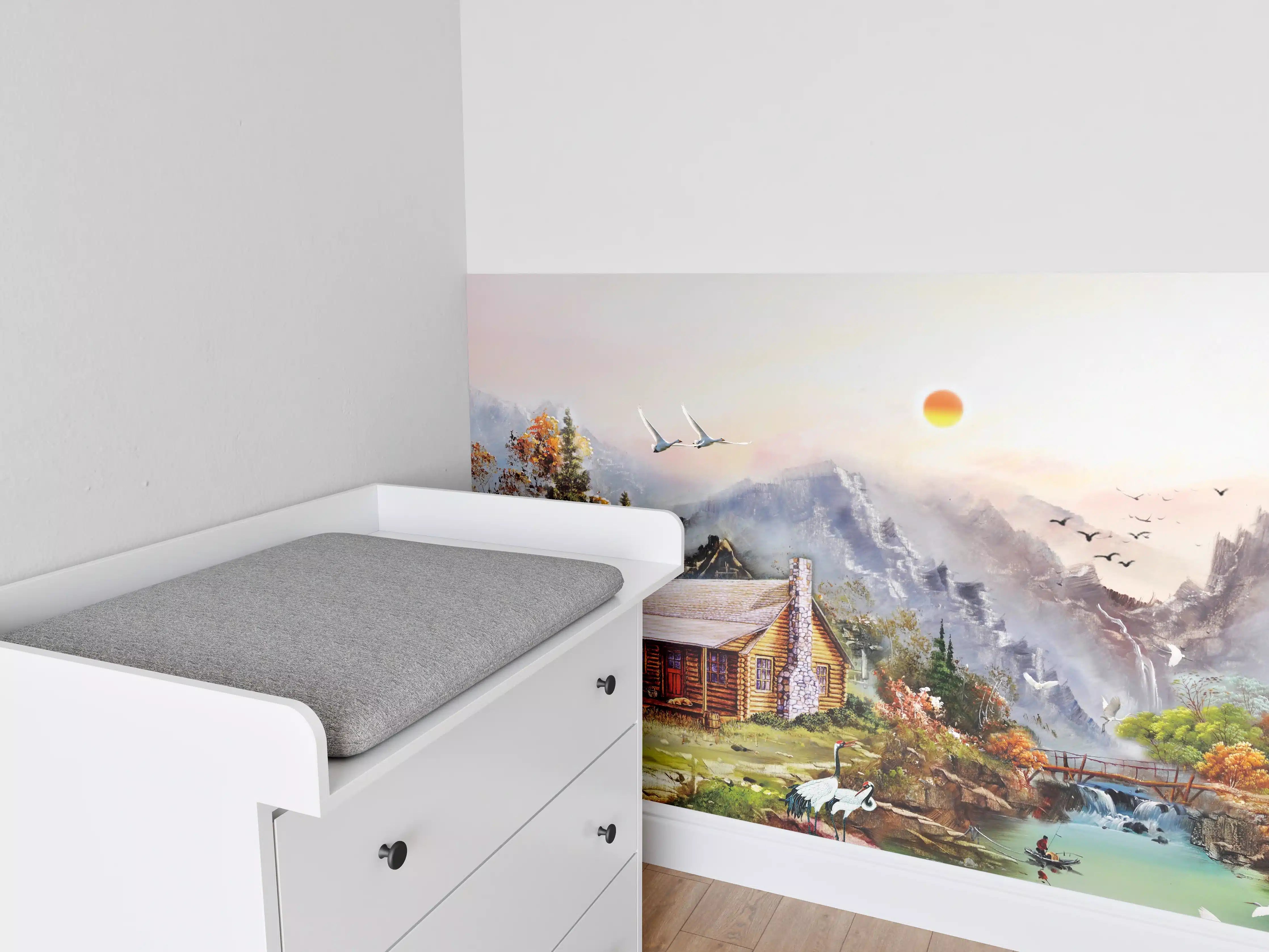 Babyzimmer Wandgestaltung - Aussicht auf eine einsame Hütte am Fluss