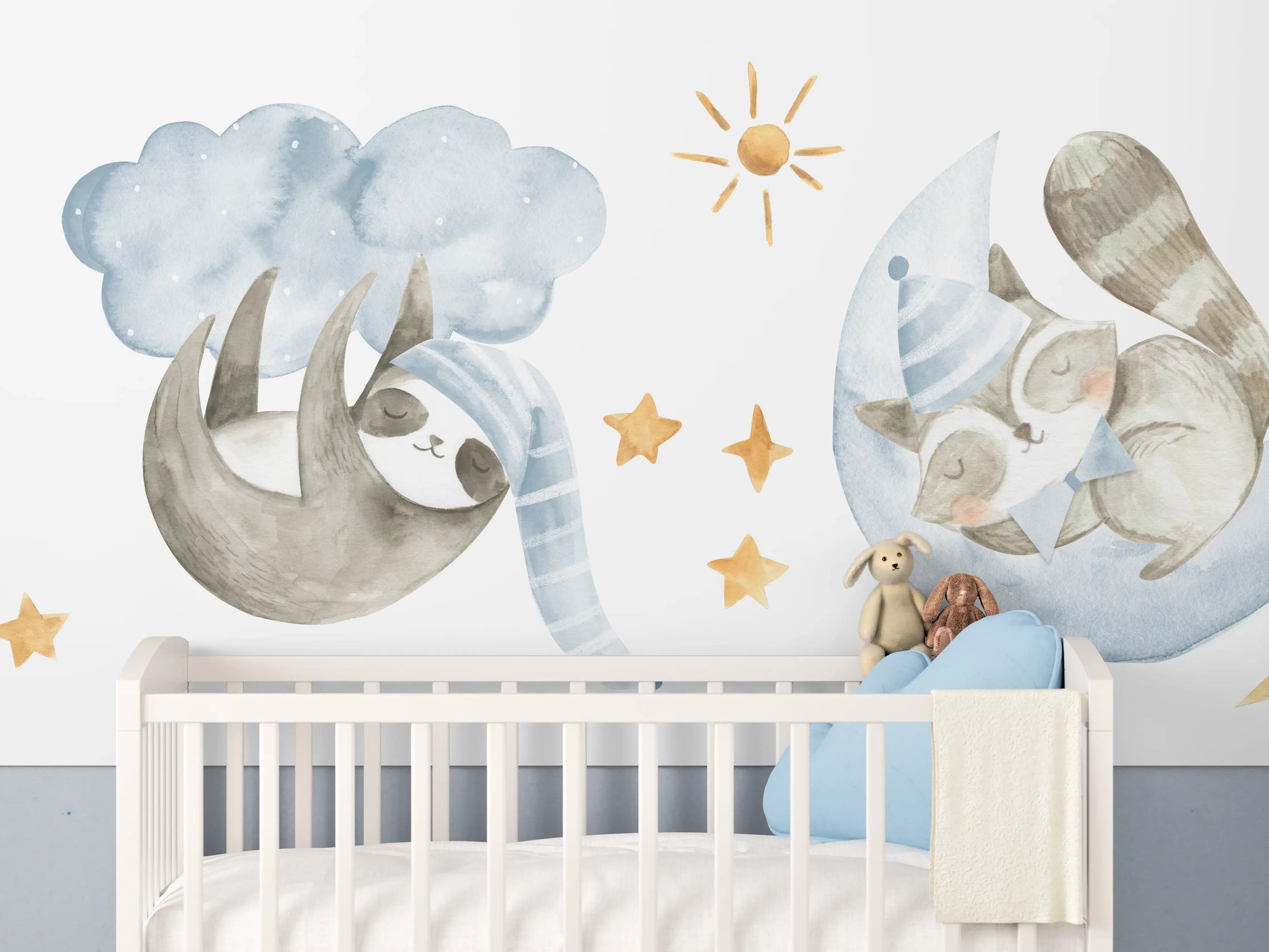 Babyzimmer Wandgestaltung - Babytier-Aquarelle Blautöne