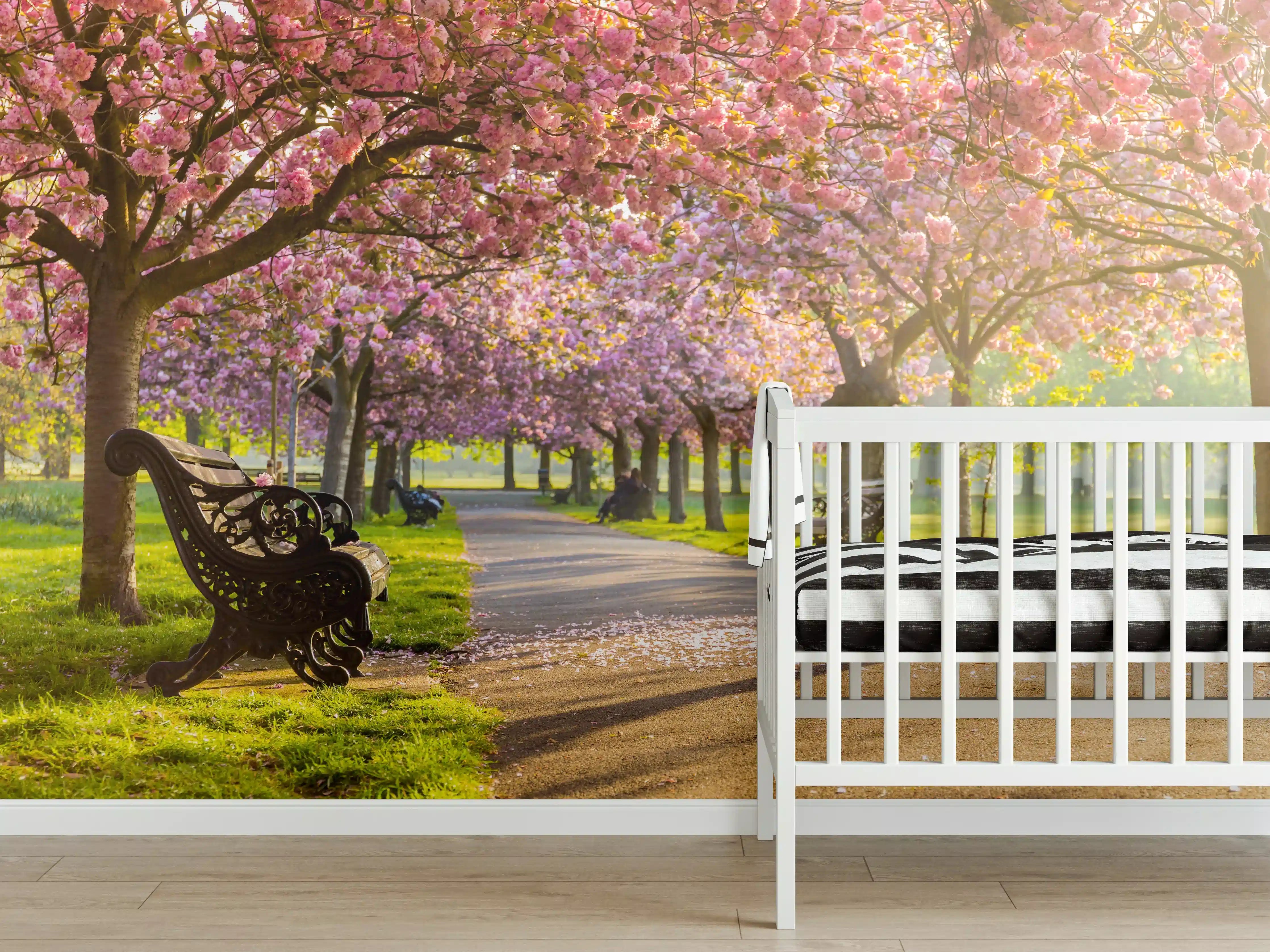 Babyzimmer Wandgestaltung - Bänke unter Kirschblütenbäumen
