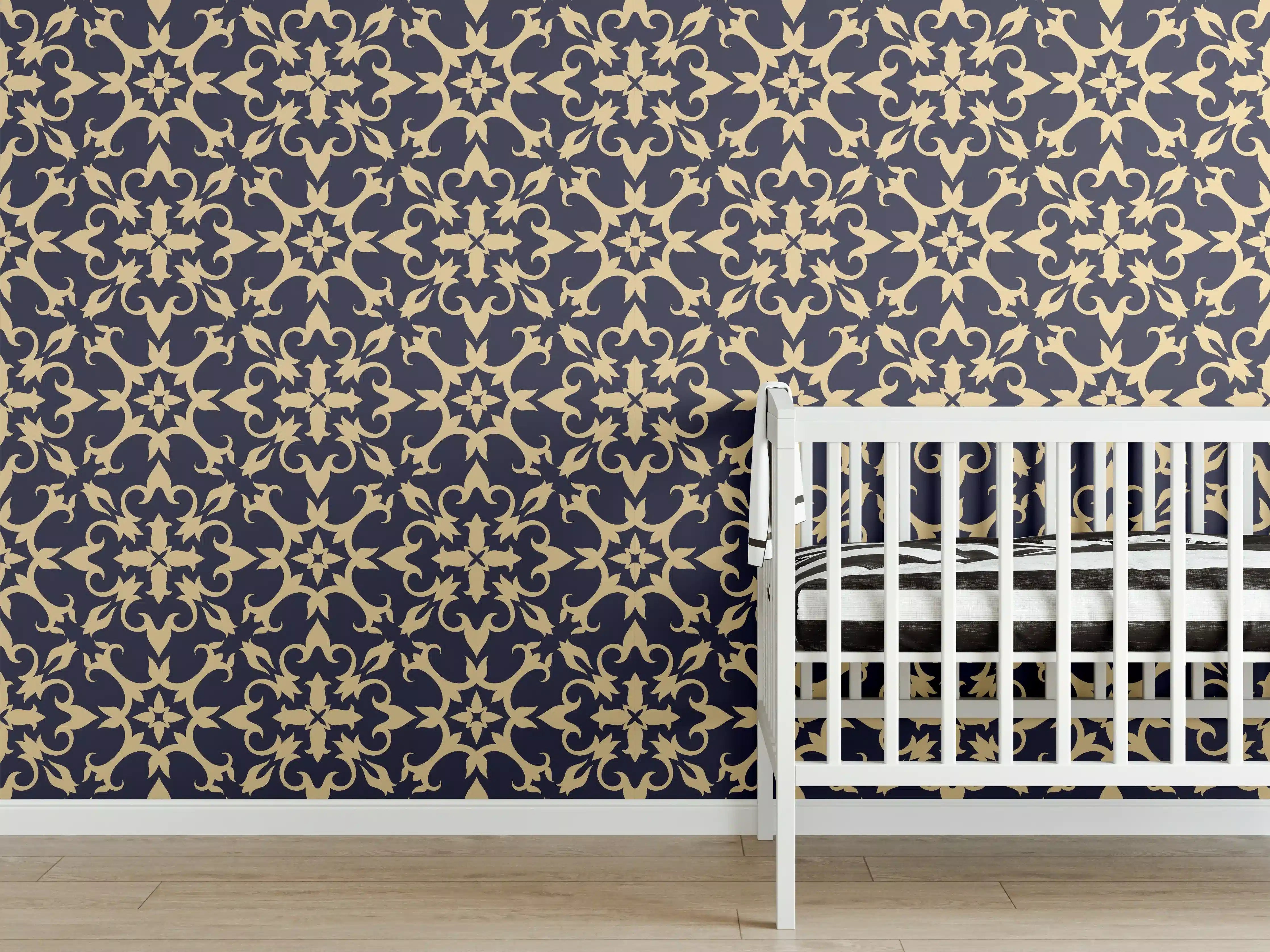 Babyzimmer Wandgestaltung - Barockes Blau-Gold Muster