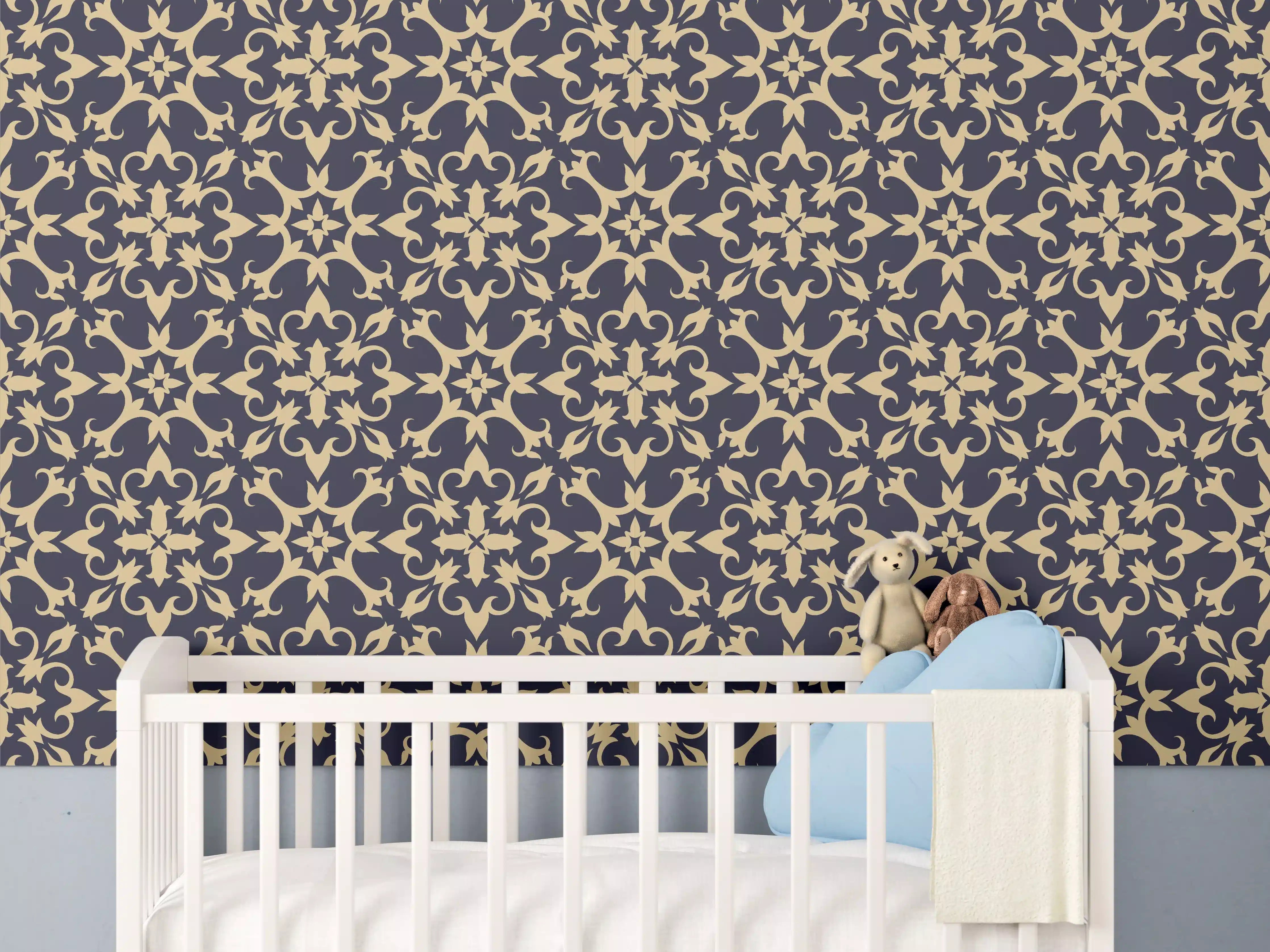 Babyzimmer Wandgestaltung - Barockes Blau-Gold Muster