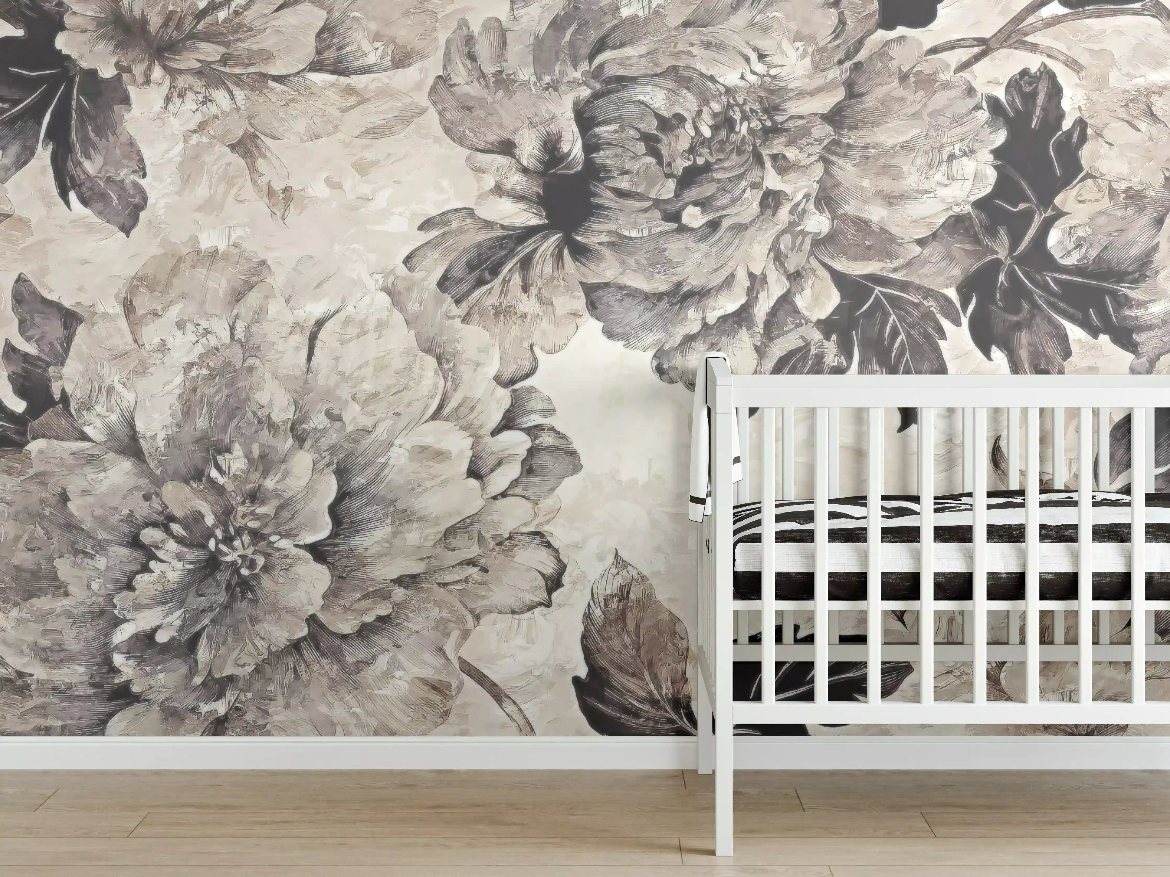 Babyzimmer Wandgestaltung - Beige Blumenpanorama Kunstwerk