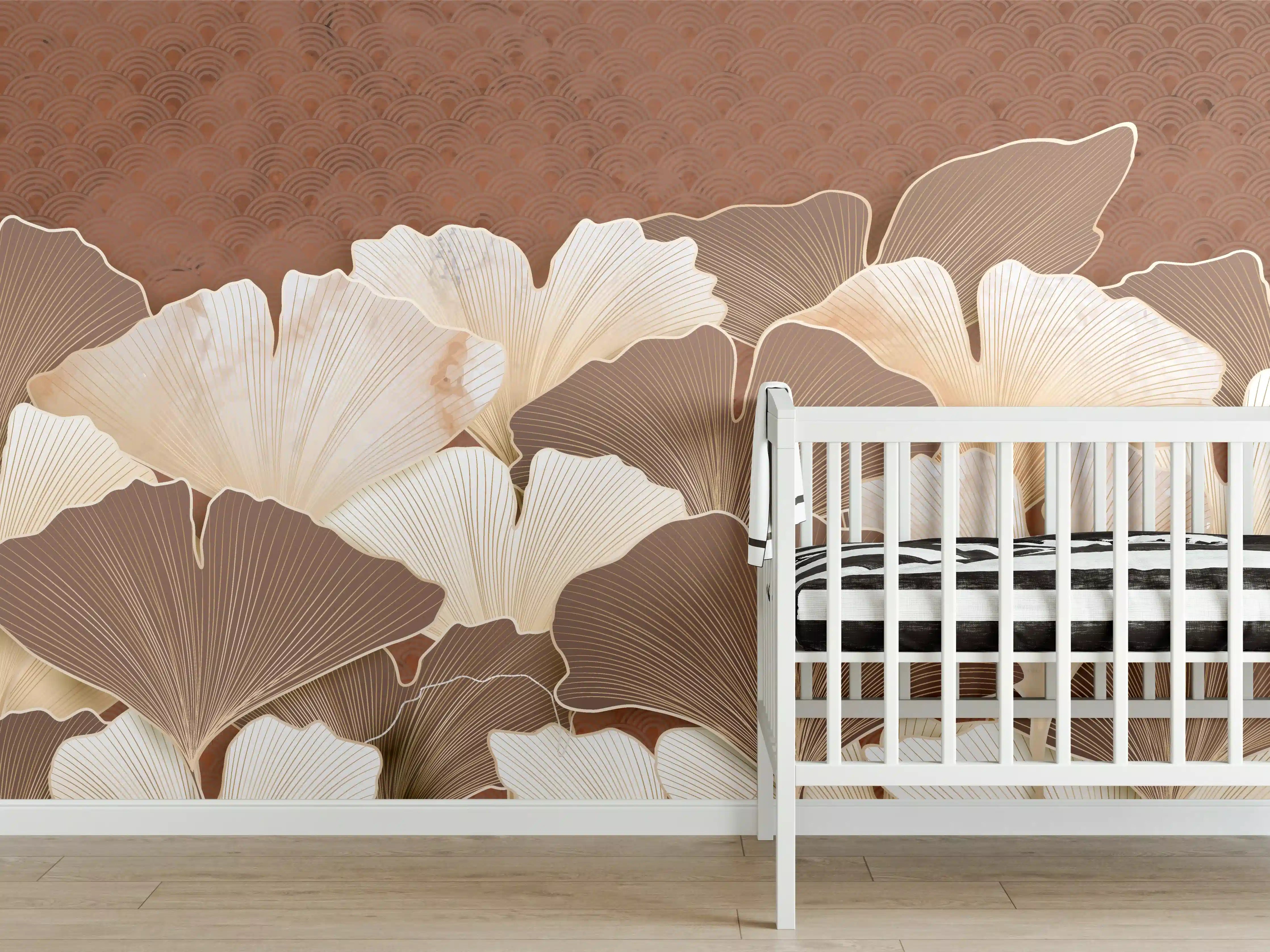 Babyzimmer Wandgestaltung - Beige Ginkgo Blattmuster