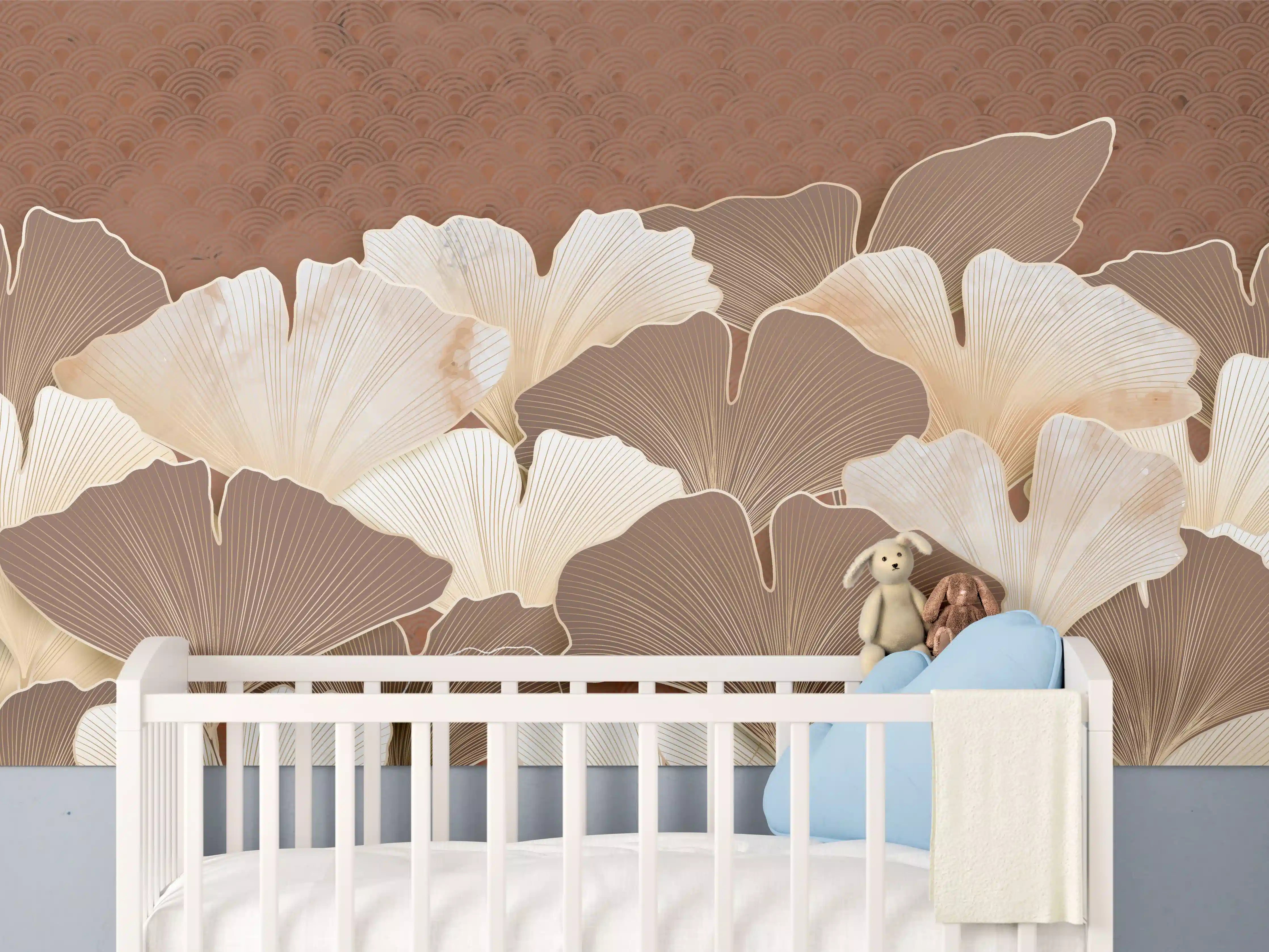 Babyzimmer Wandgestaltung - Beige Ginkgo Blattmuster