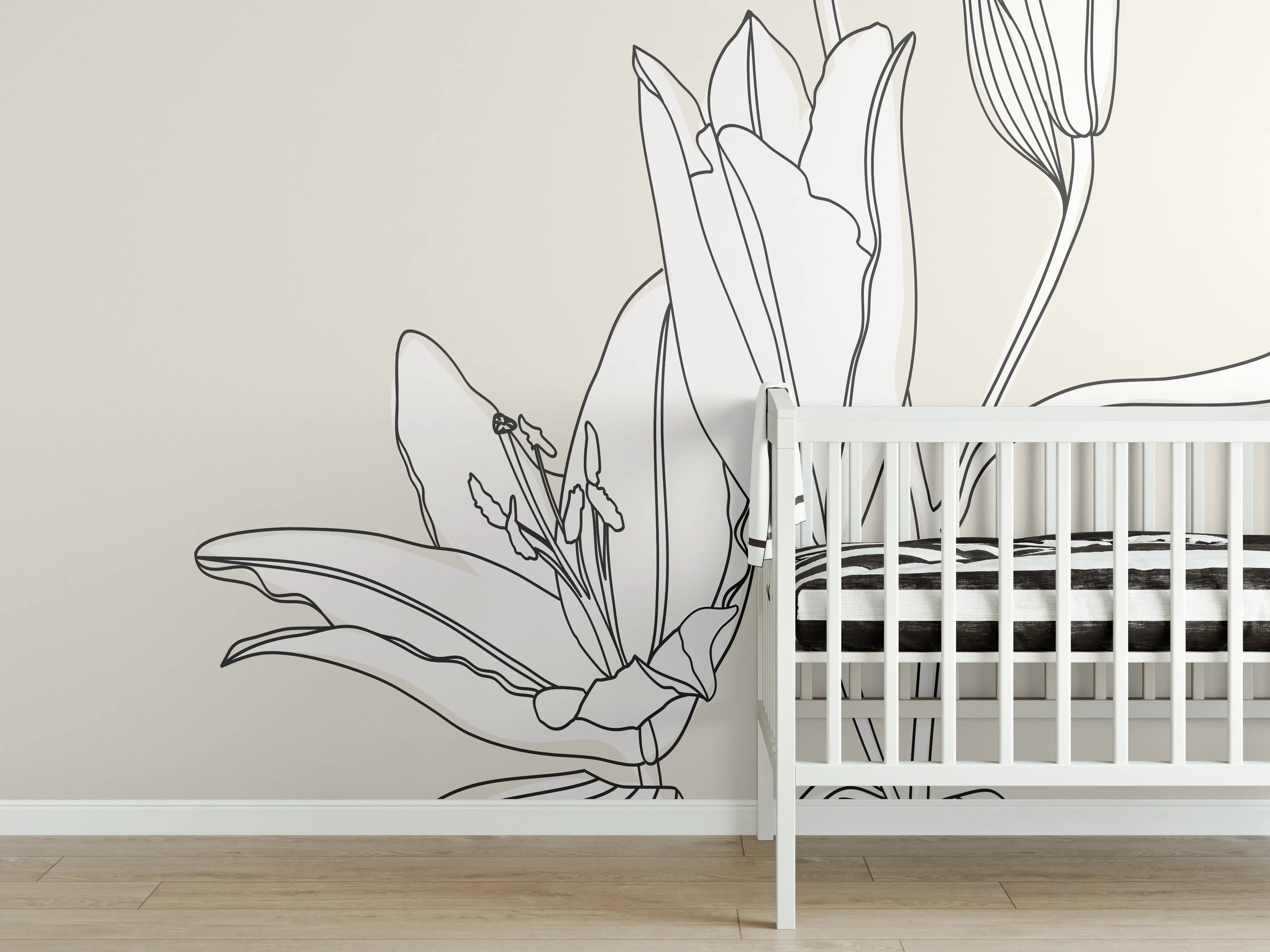 Babyzimmer Wandgestaltung - Beige Lilien Linienkunst