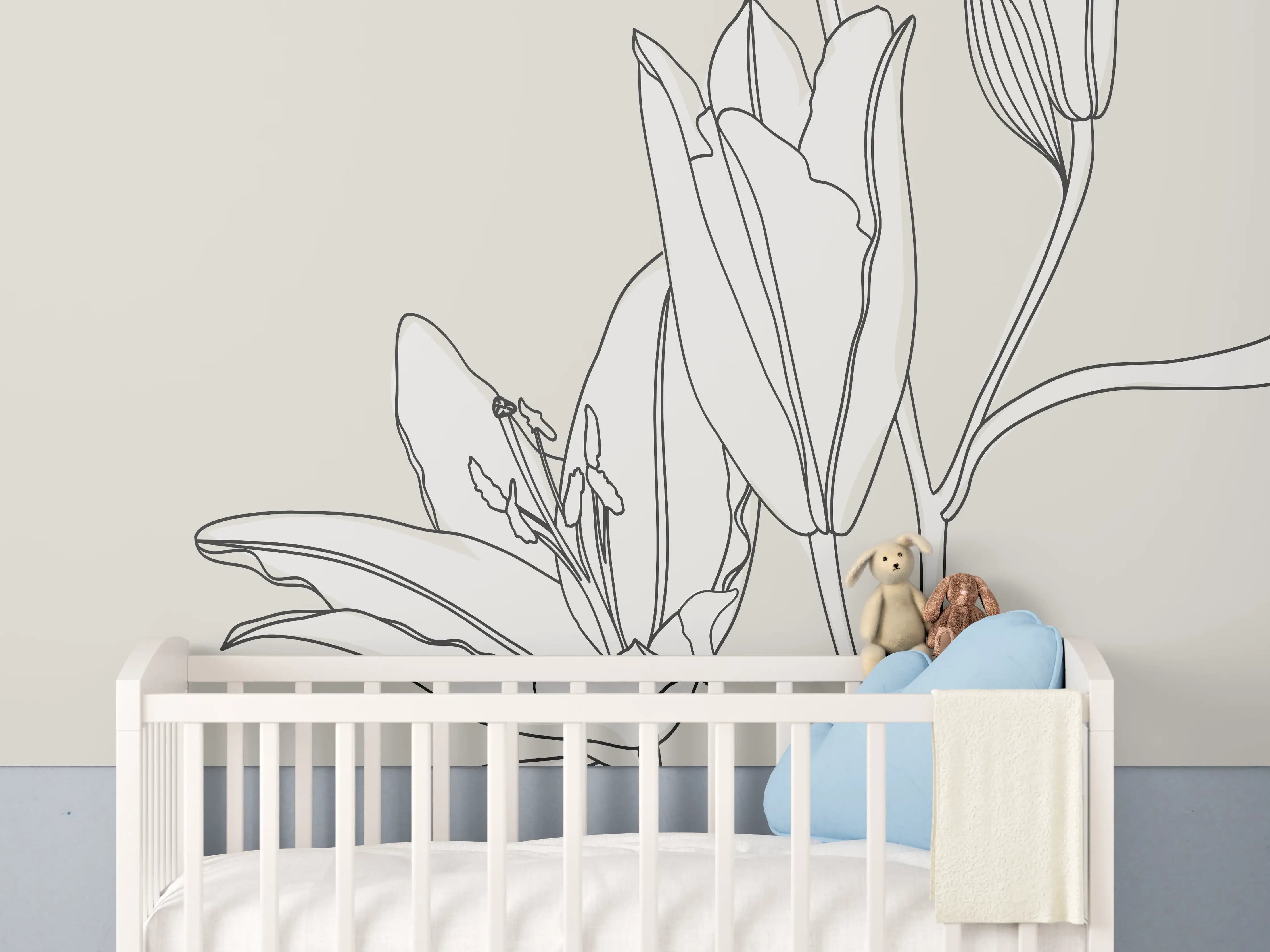 Babyzimmer Wandgestaltung - Beige Lilien Linienkunst