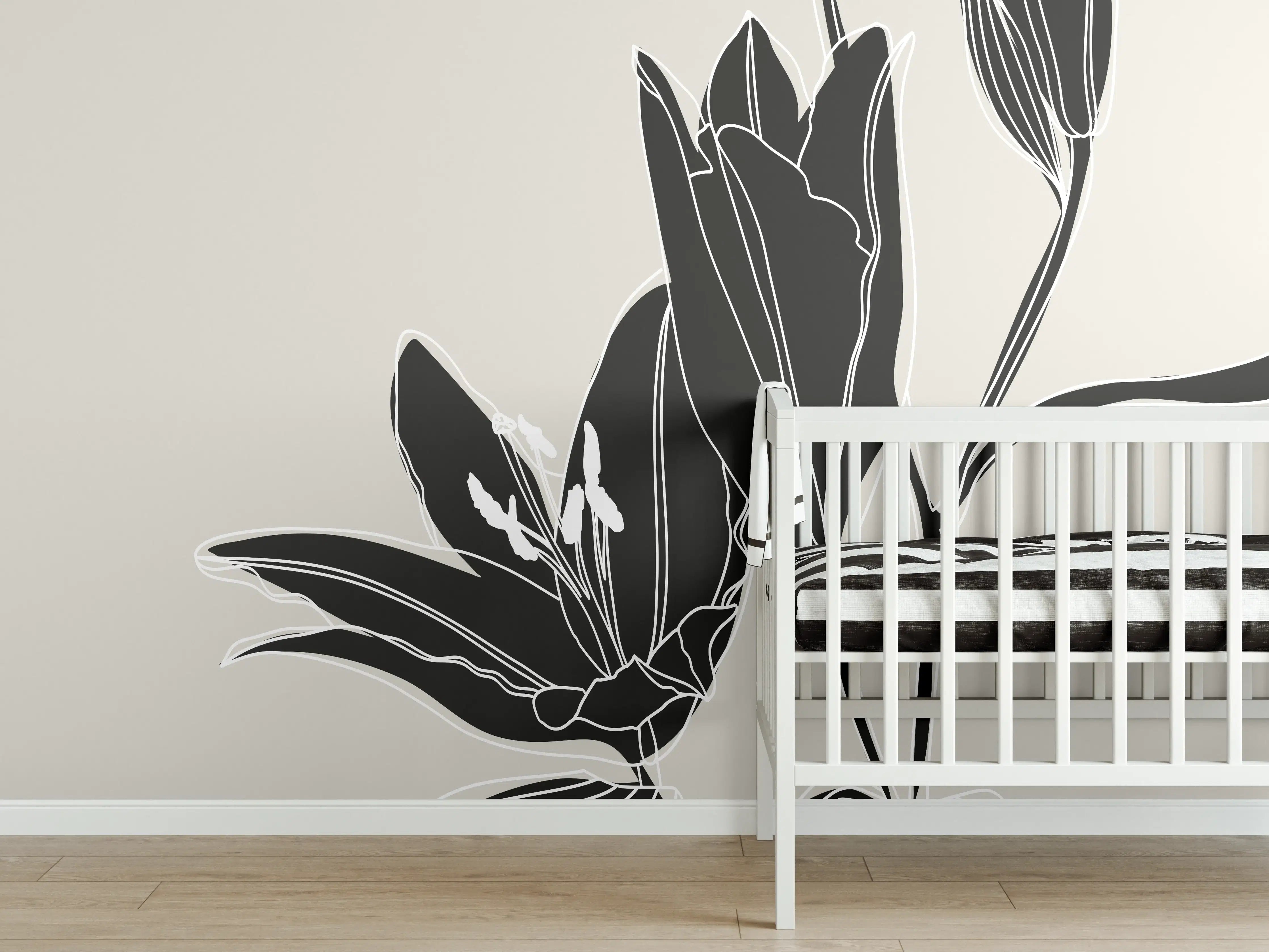 Babyzimmer Wandgestaltung - Beige Schwarze Lilien Lineart