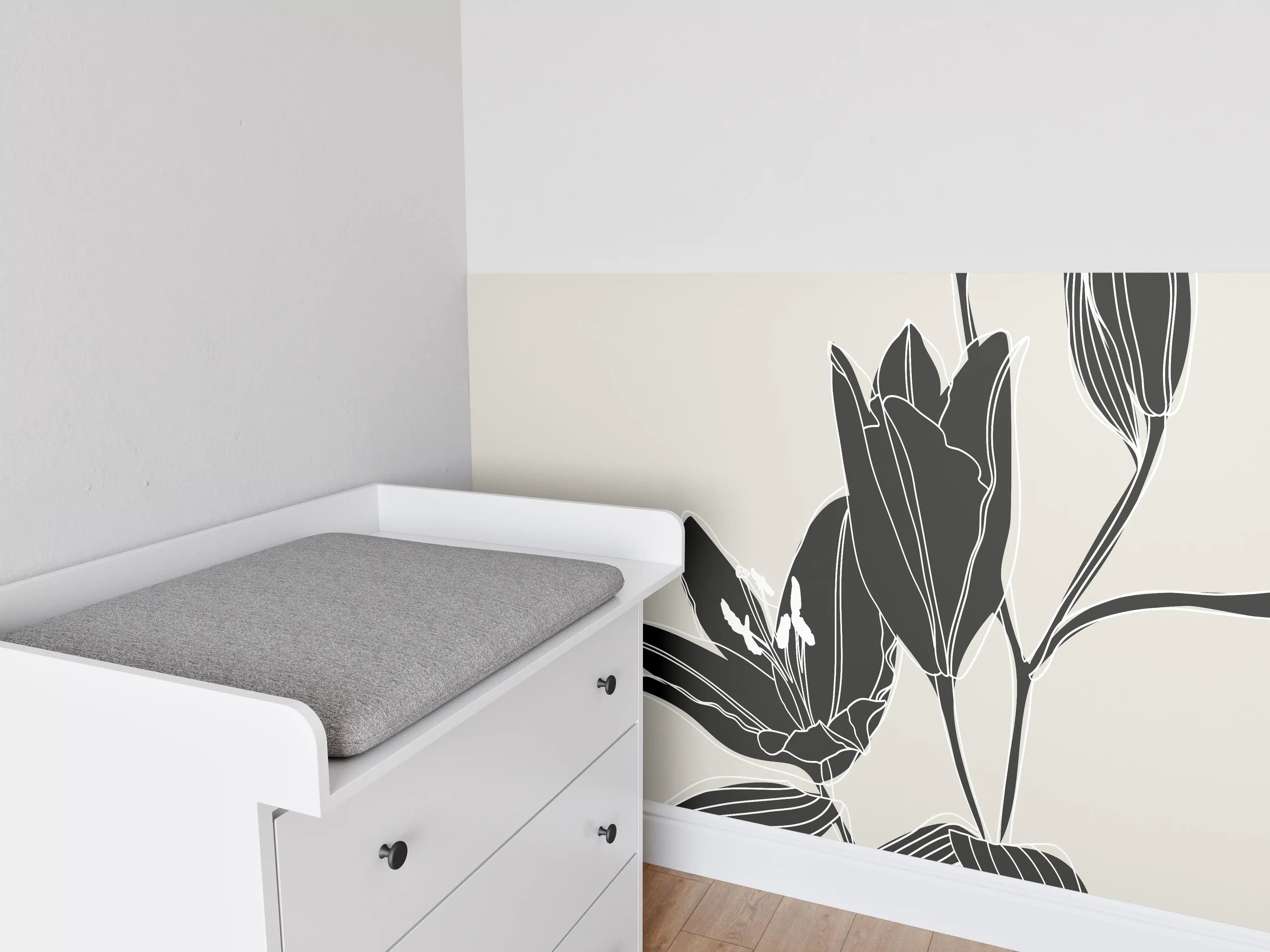 Babyzimmer Wandgestaltung - Beige Schwarze Lilien Lineart