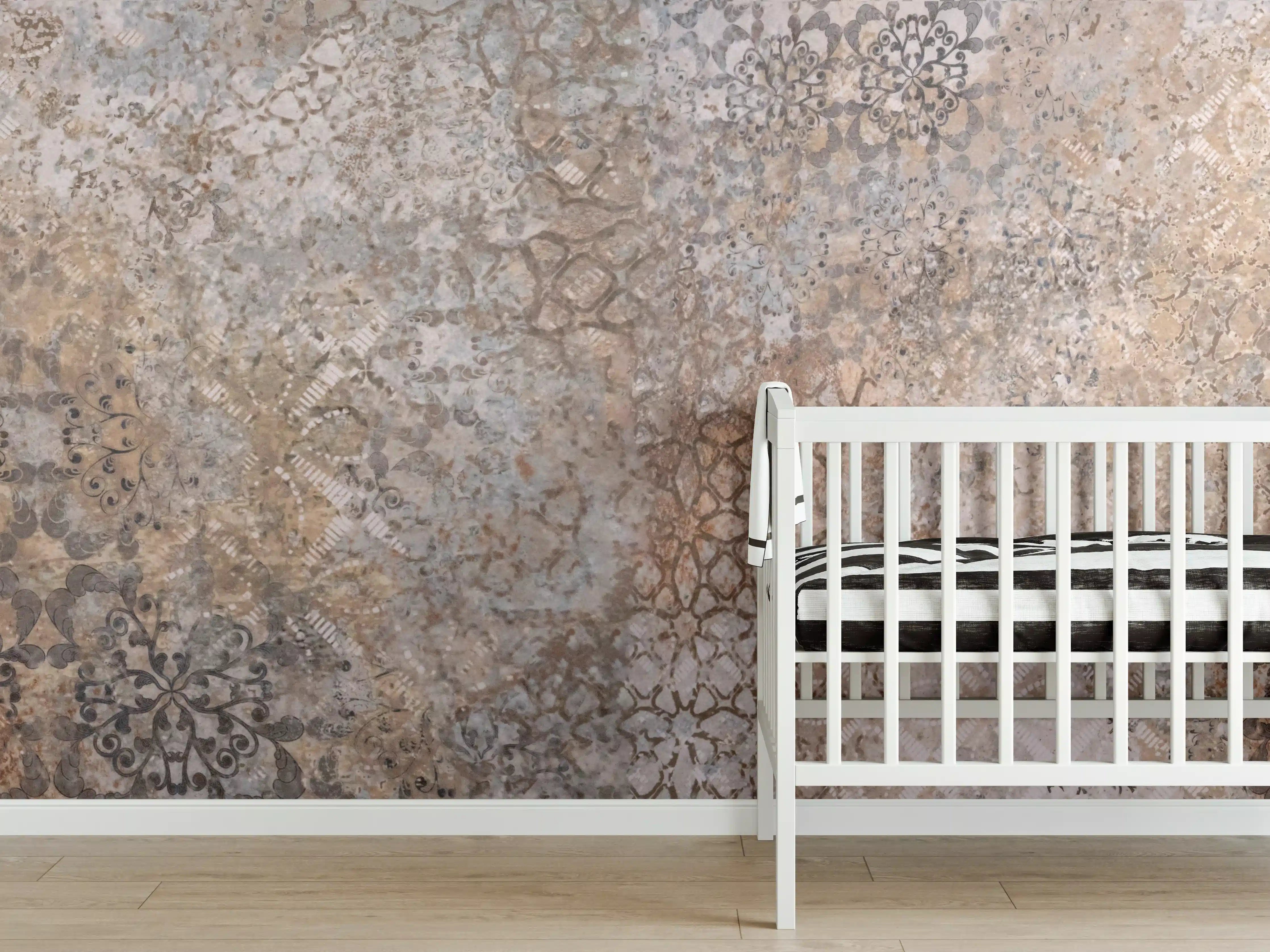 Babyzimmer Wandgestaltung - Beige Vintage Blumenmuster im Tapeten-Stil