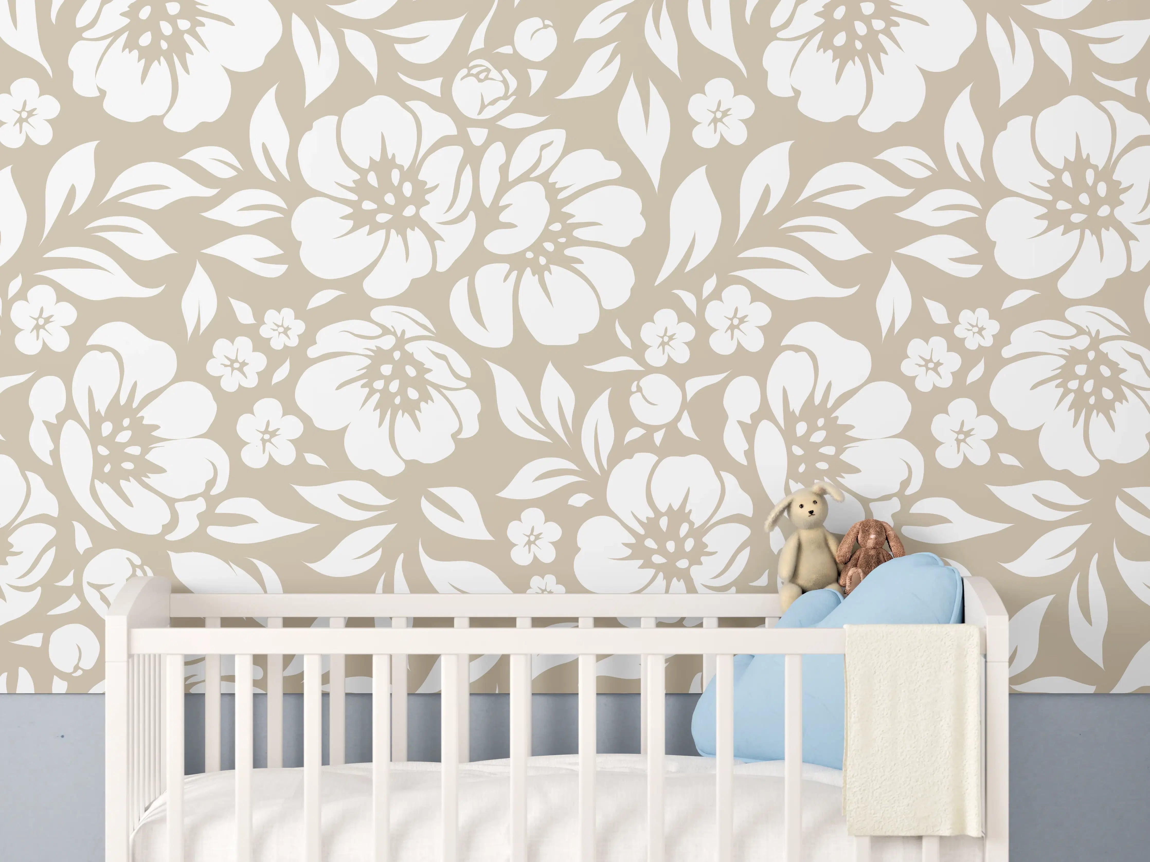 Babyzimmer Wandgestaltung - Beige-weiße Blumengestaltung mit floralem Muster