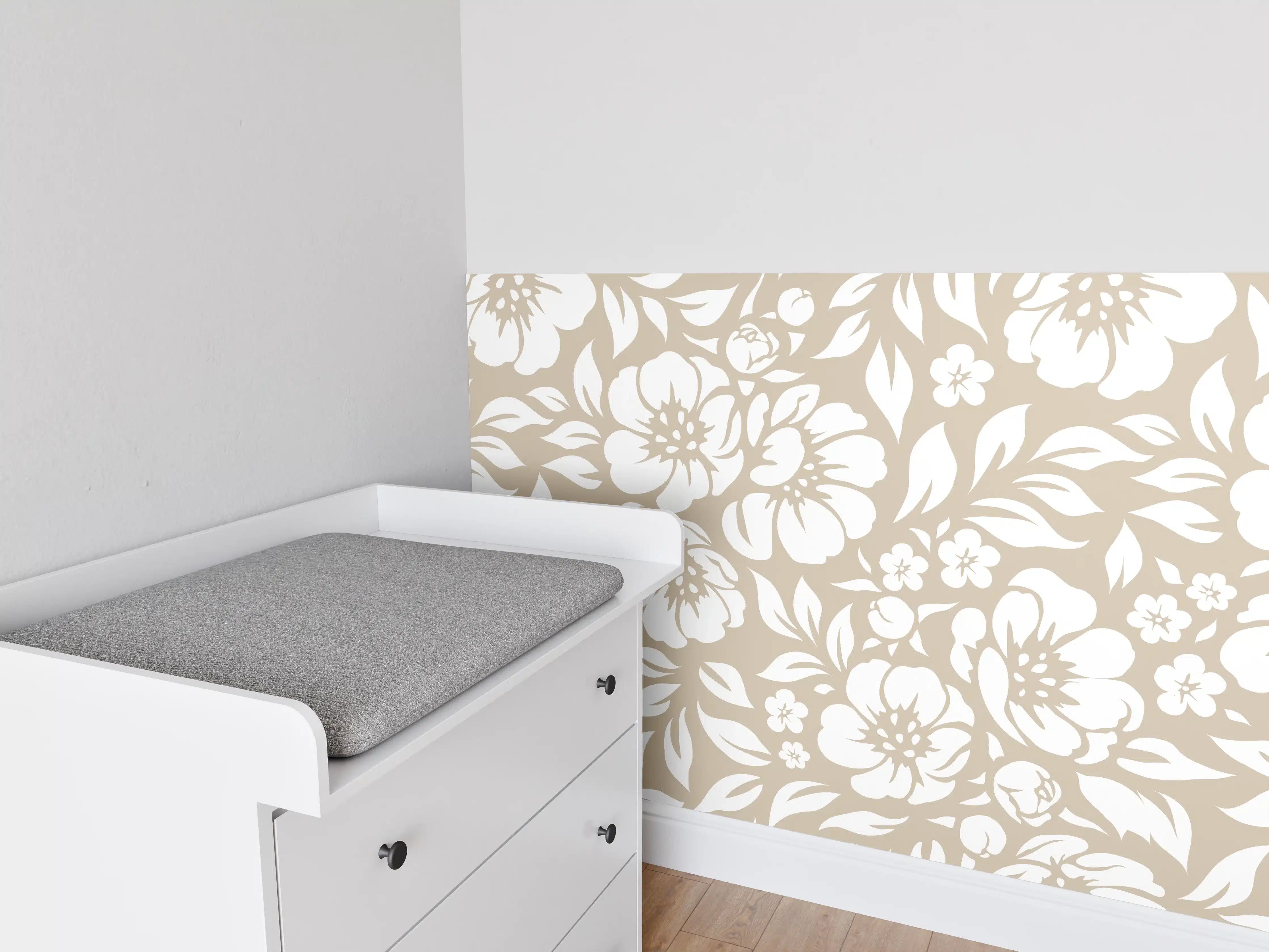 Babyzimmer Wandgestaltung - Beige-weiße Blumengestaltung mit floralem Muster