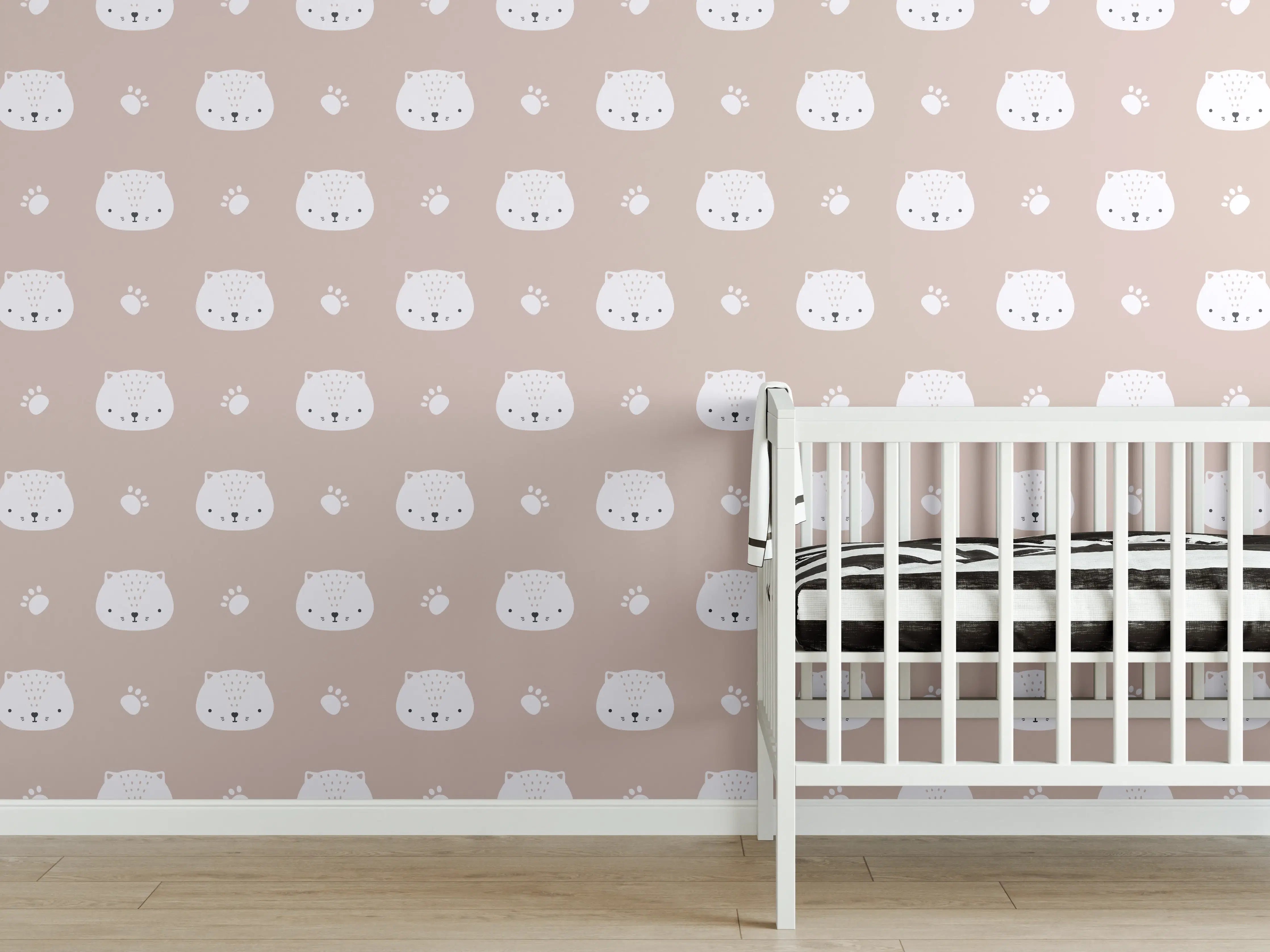Babyzimmer Wandgestaltung - Beiger Hintergrund mit süßem Katzenmuster