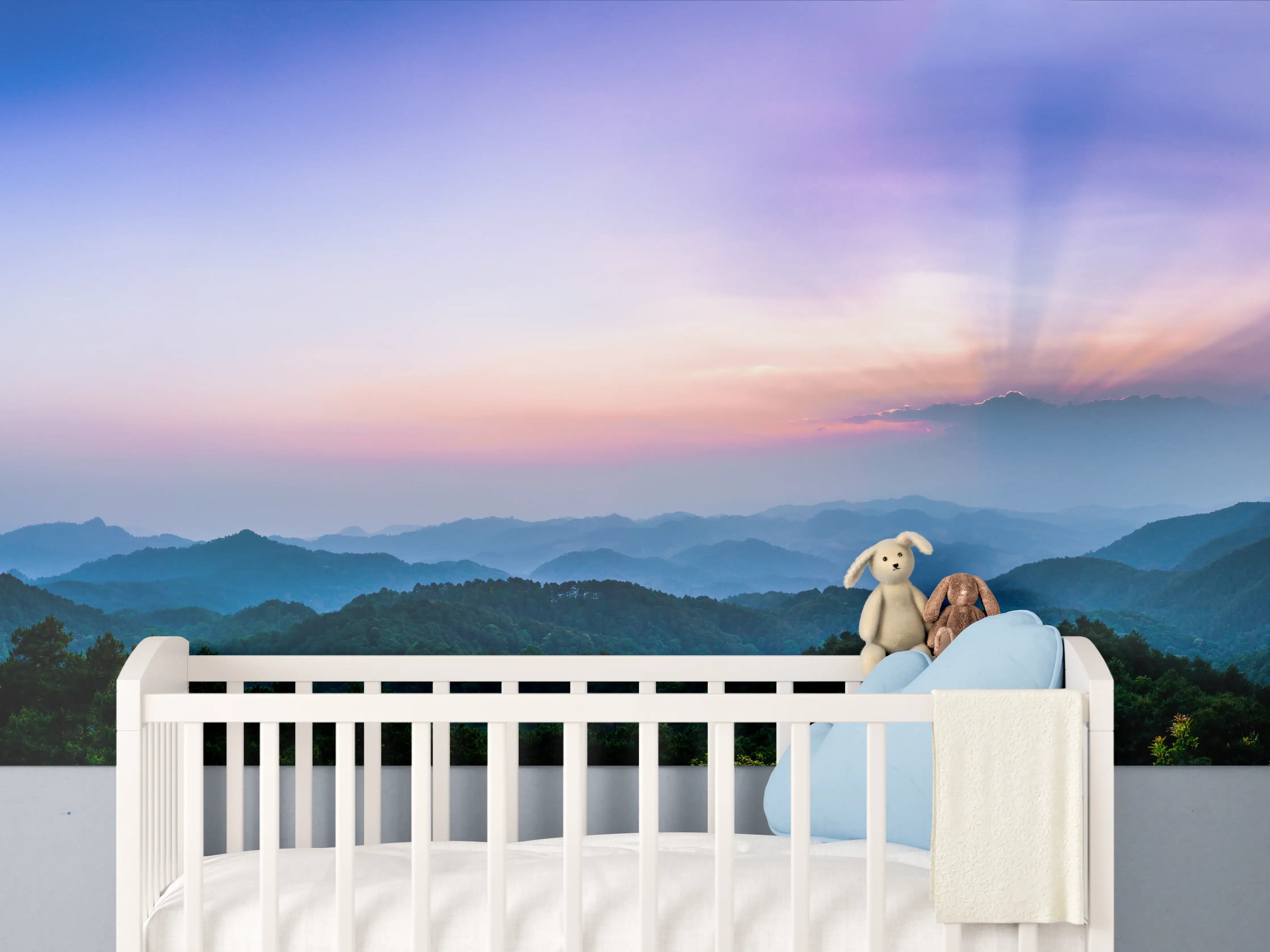 Babyzimmer Wandgestaltung - Bergblick mit Sonnenstrahl