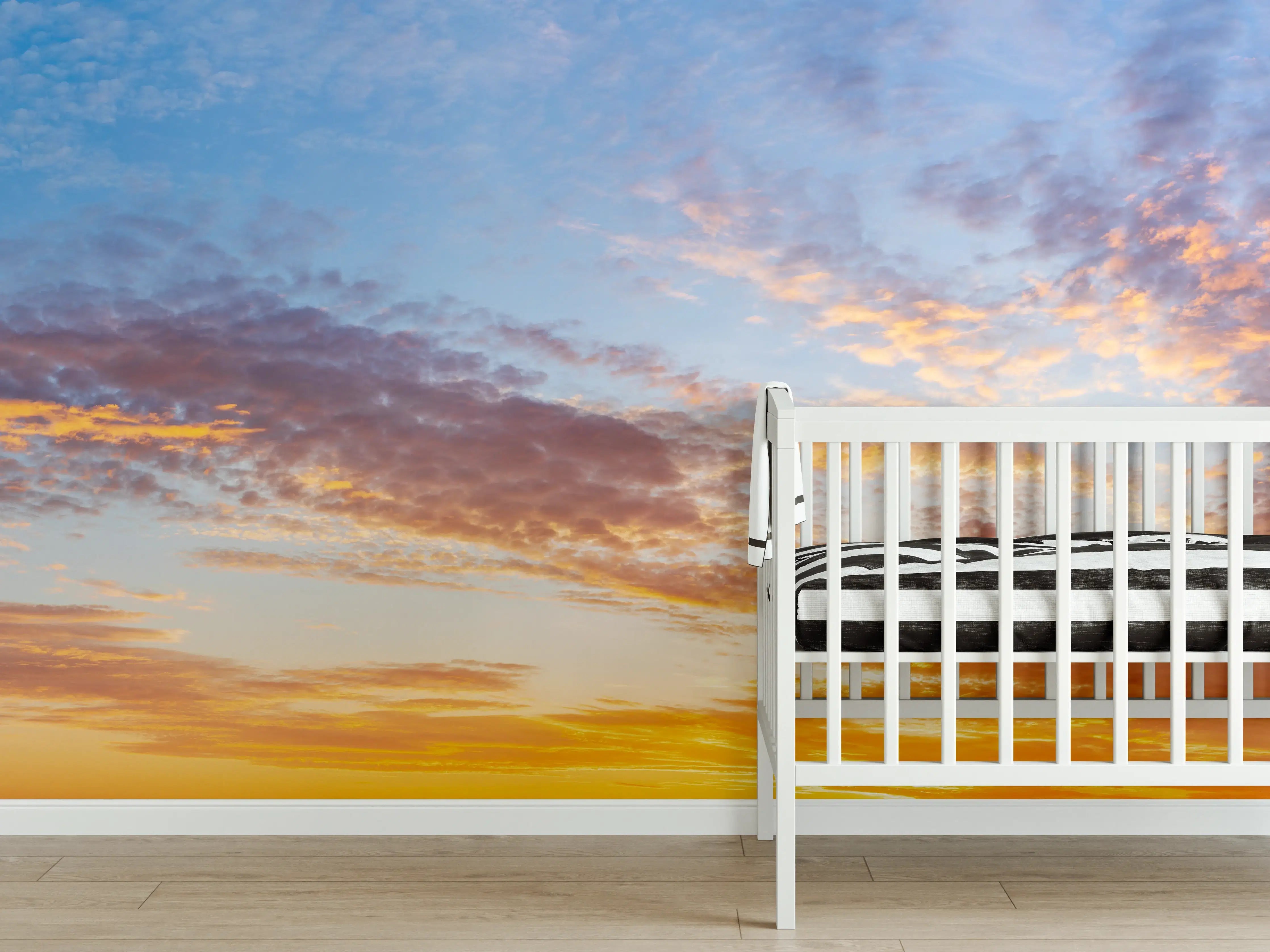 Babyzimmer Wandgestaltung - Bergdorf im Sonnenuntergang
