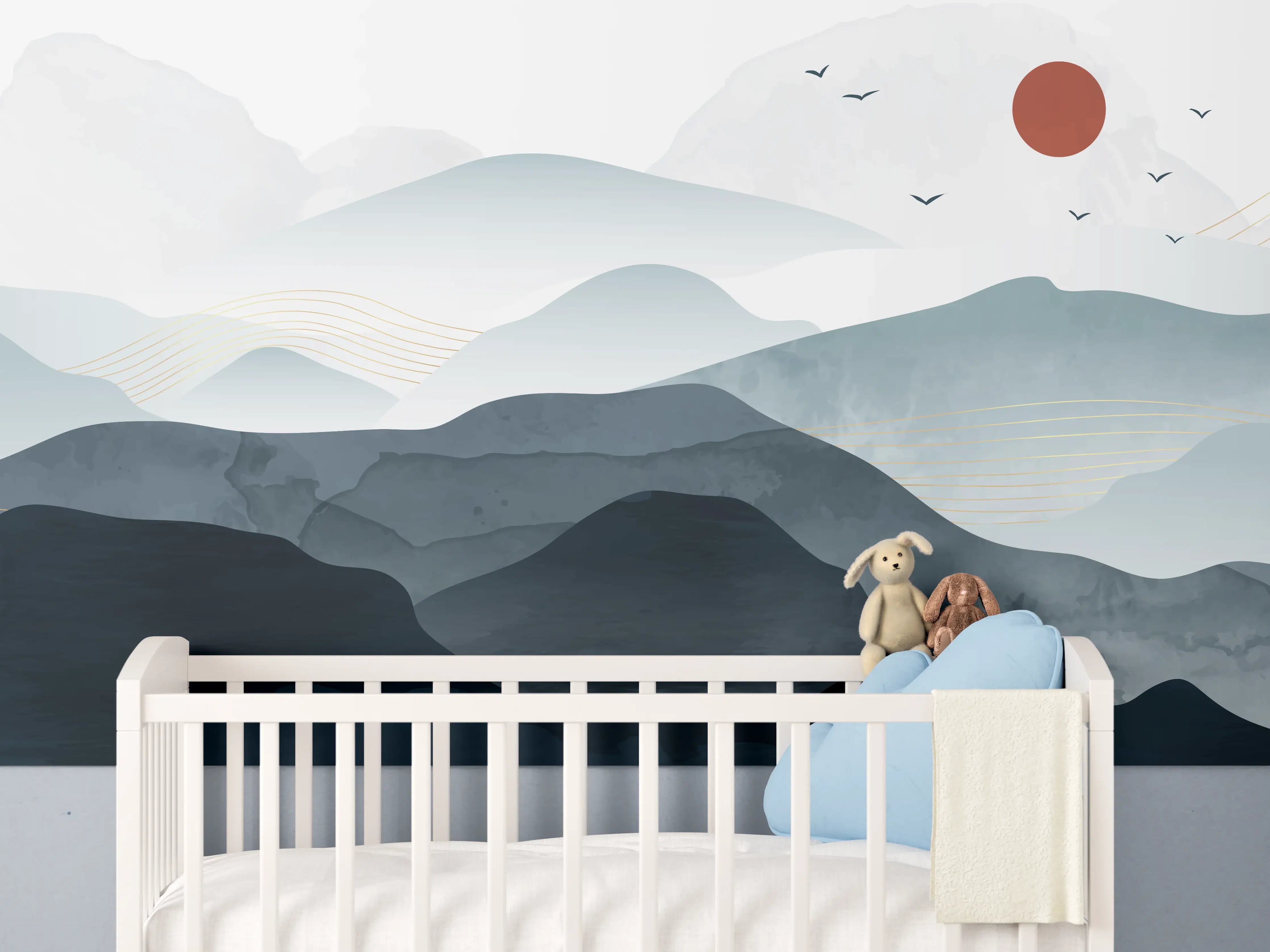 Babyzimmer Wandgestaltung - Berglandschaft mit roter Sonne