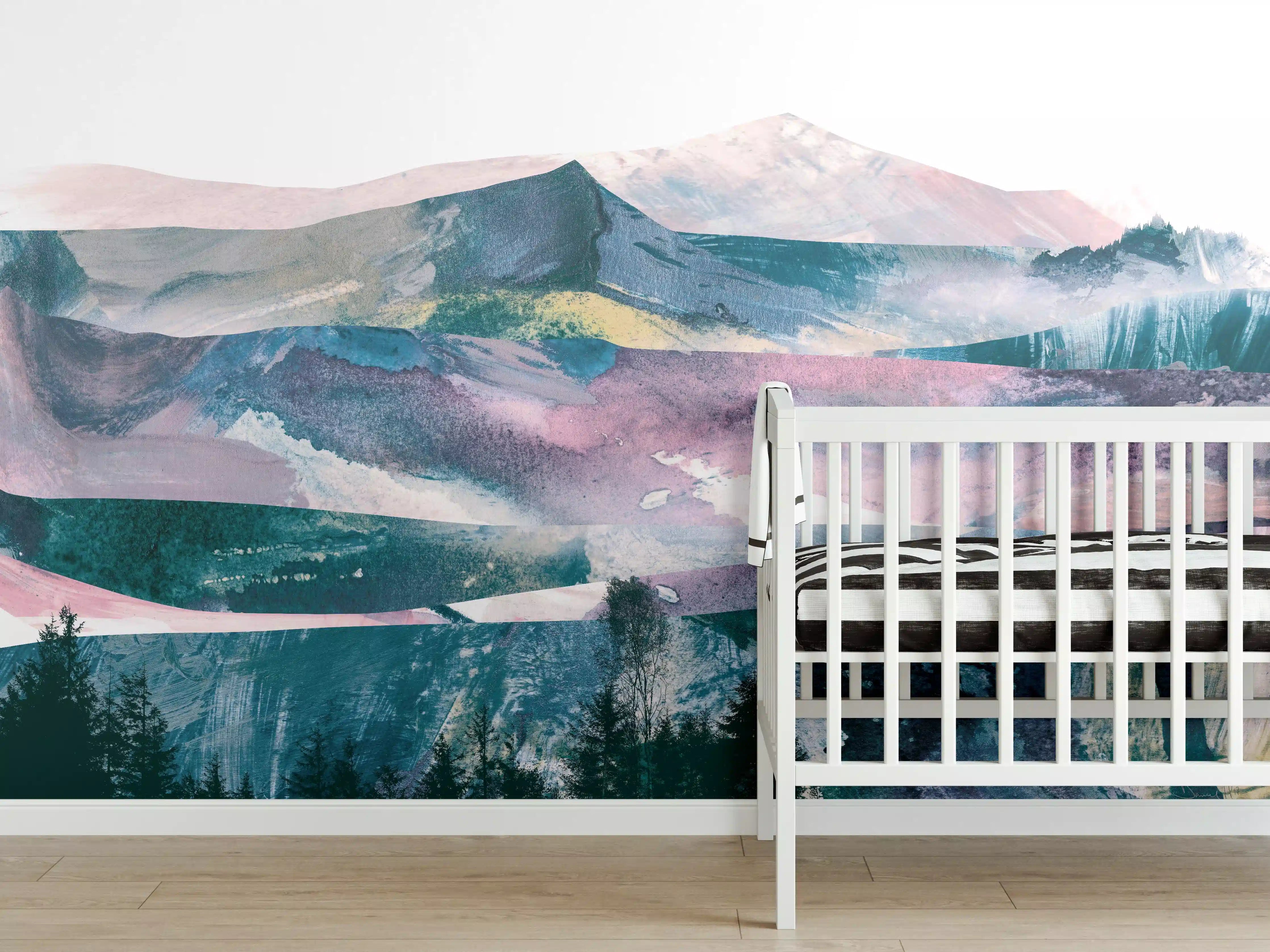 Babyzimmer Wandgestaltung - Bergpanorama in Farbabstraktion