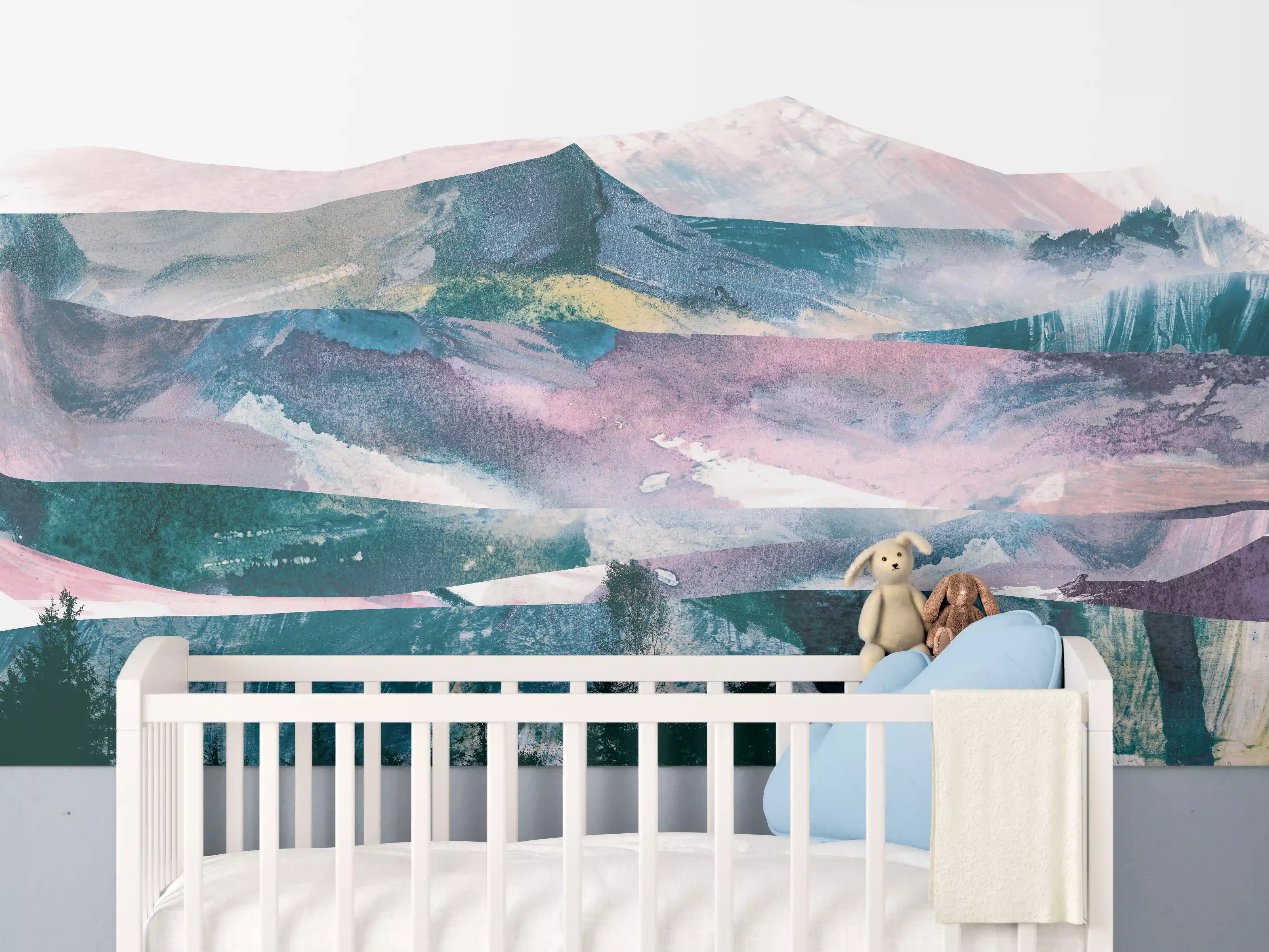 Babyzimmer Wandgestaltung - Bergpanorama in Farbabstraktion