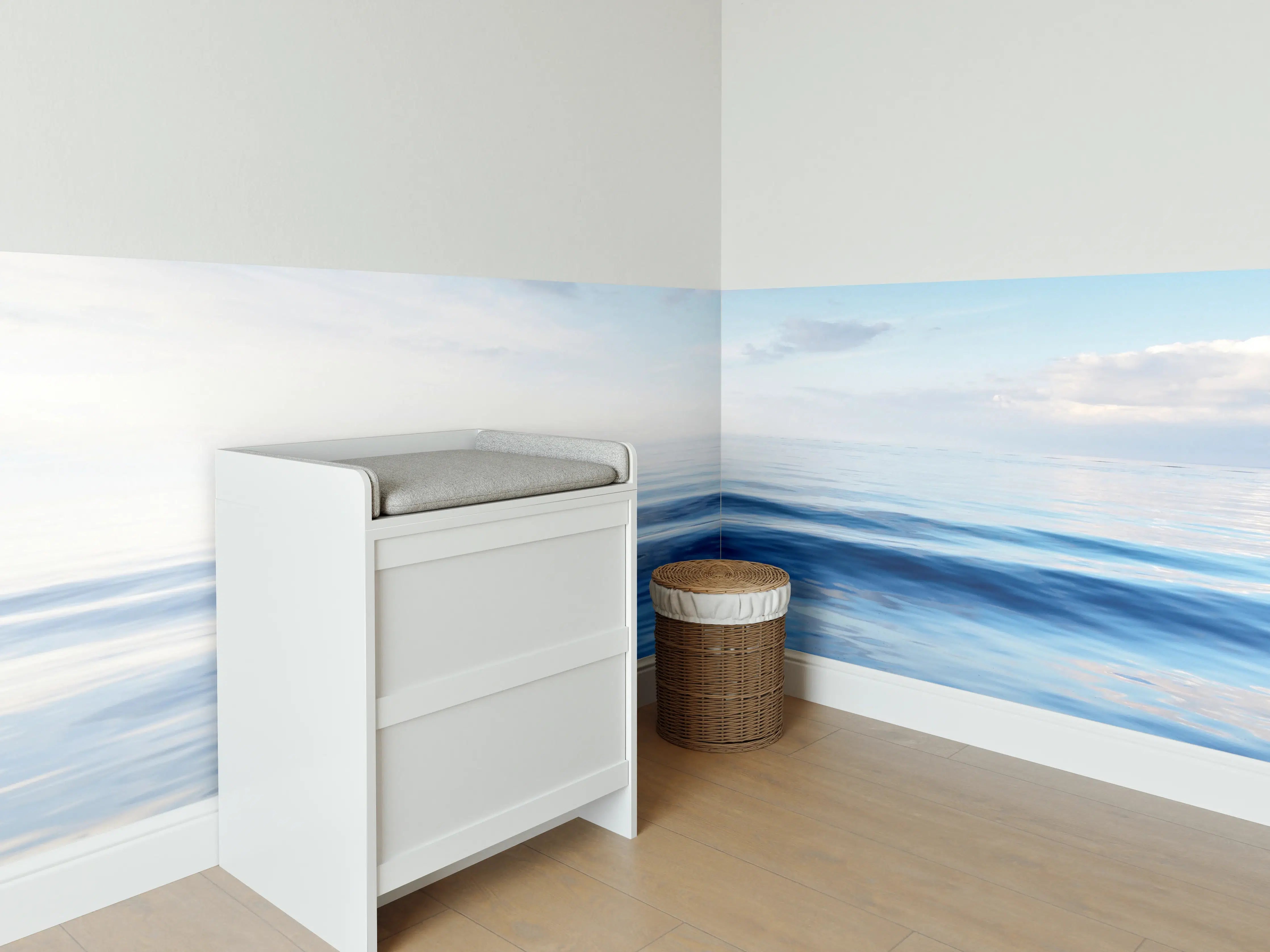 Babyzimmer Wandgestaltung - Beruhigender Wasserblick in Blau- und Grautönen