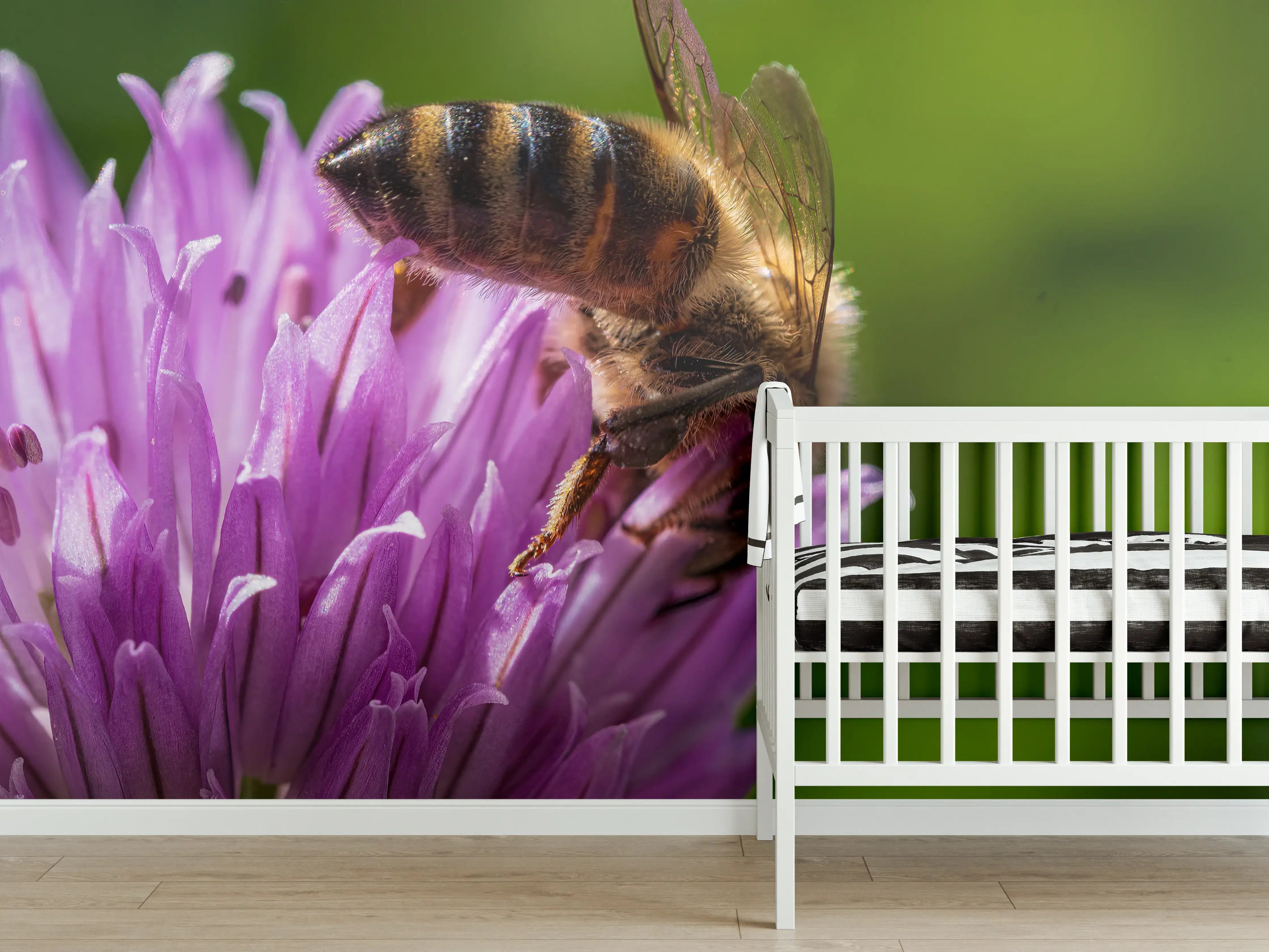 Babyzimmer Wandgestaltung - Biene auf Lila Blüte Makro