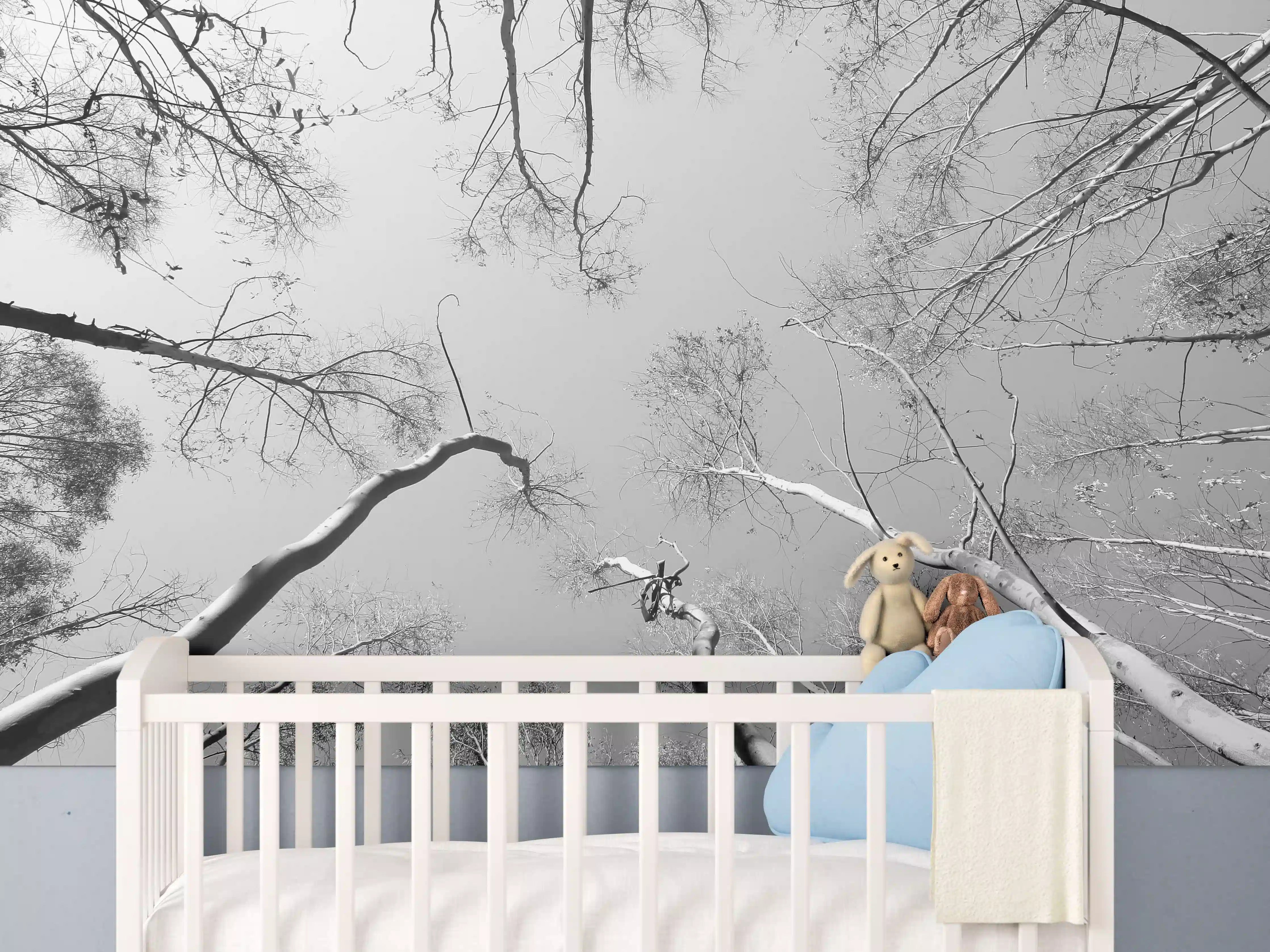 Babyzimmer Wandgestaltung - Birkenwald im Winter von unten