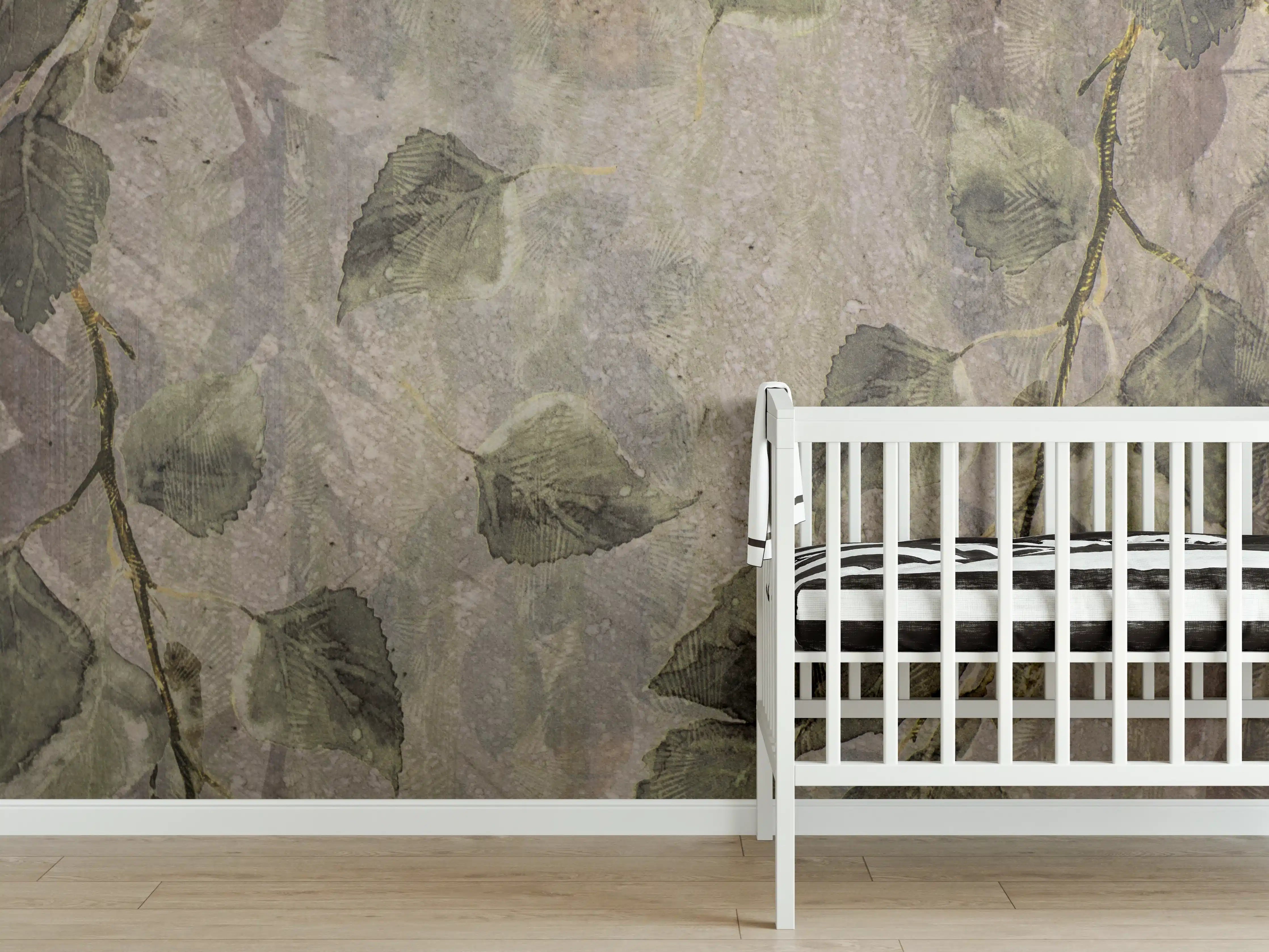 Babyzimmer Wandgestaltung - Blätter-Dekor Fliesen Grau