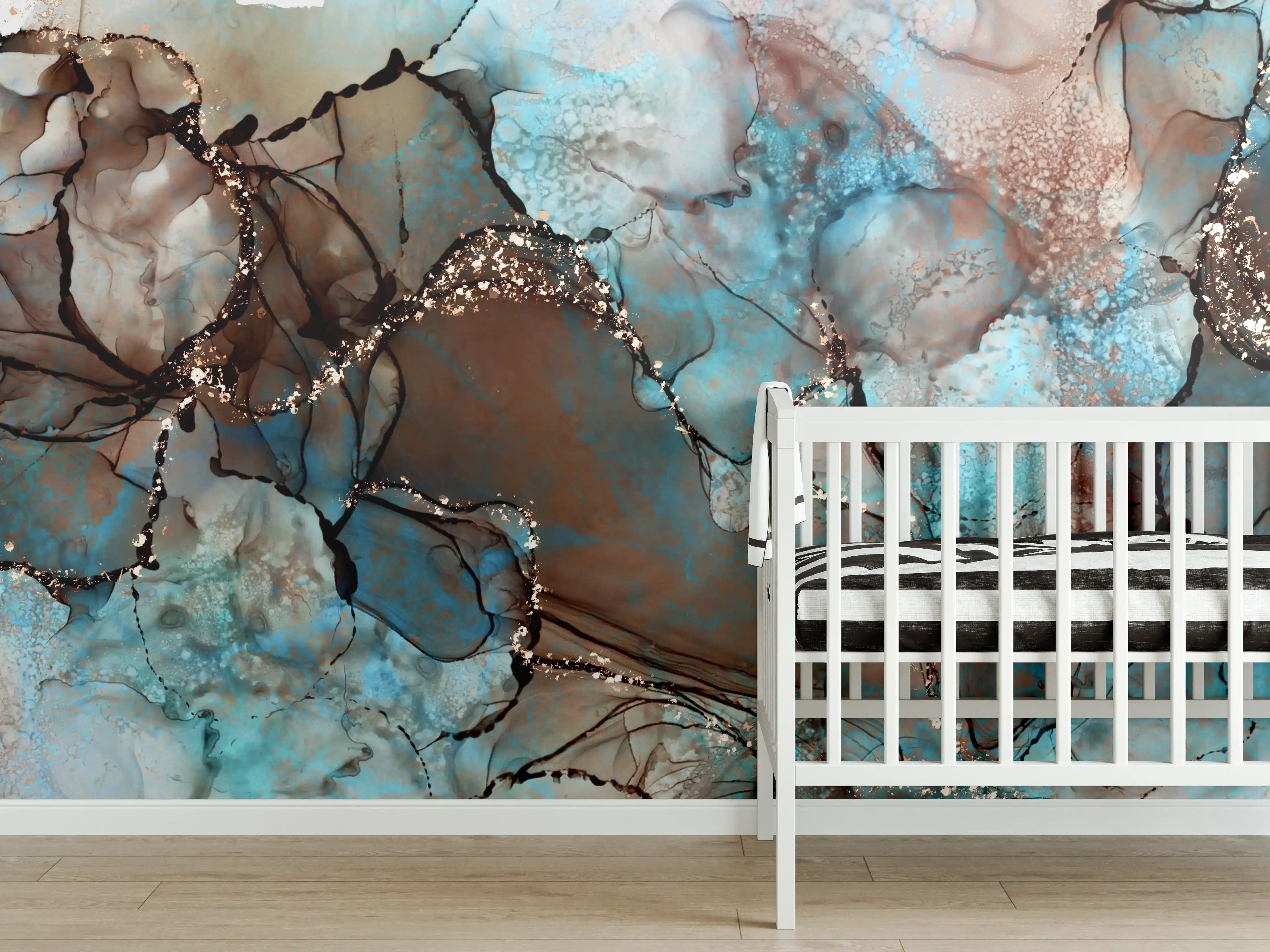 Babyzimmer Wandgestaltung - Bläulich flüssige Tinte mit Goldelementen