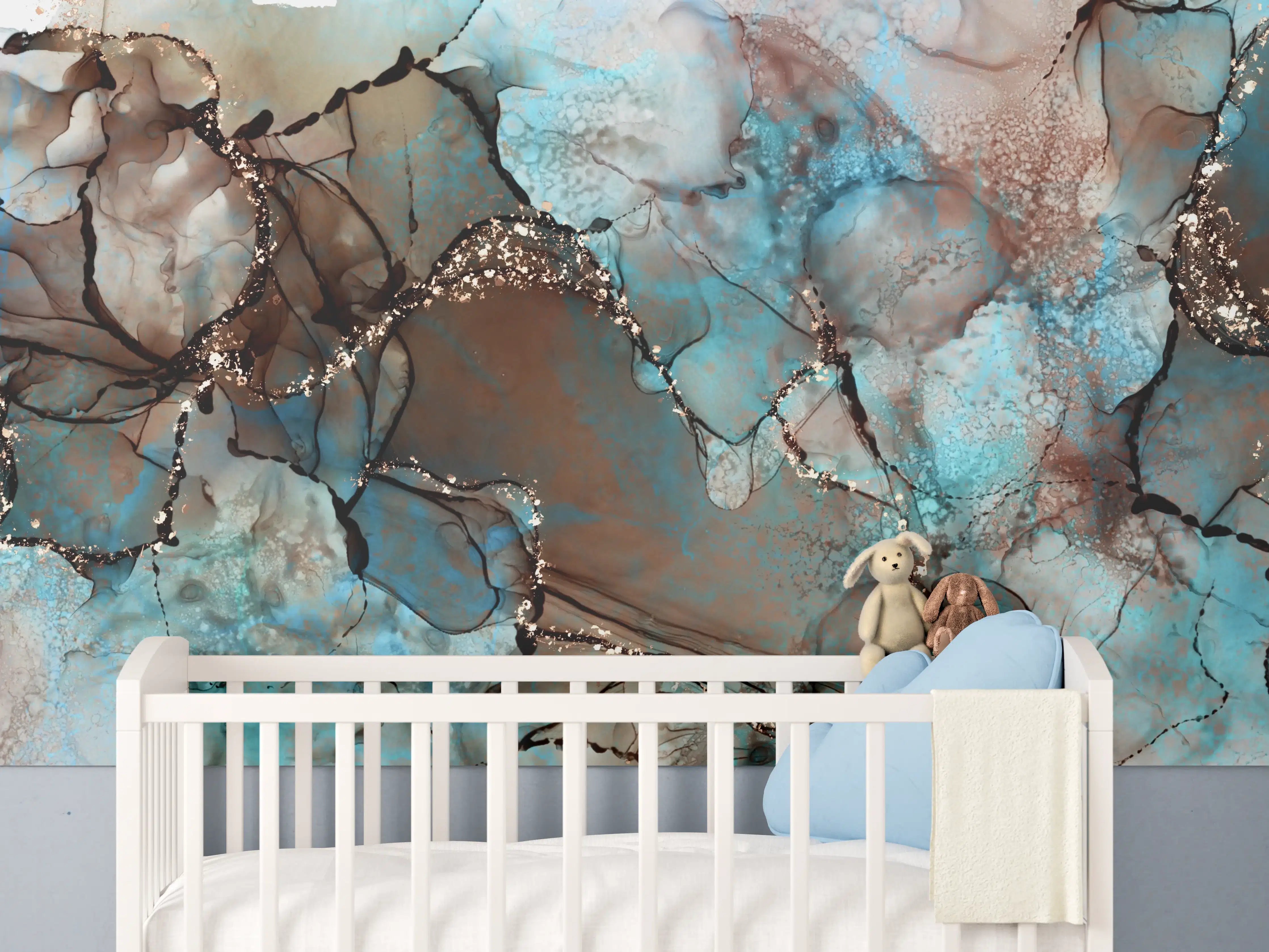 Babyzimmer Wandgestaltung - Bläulich flüssige Tinte mit Goldelementen