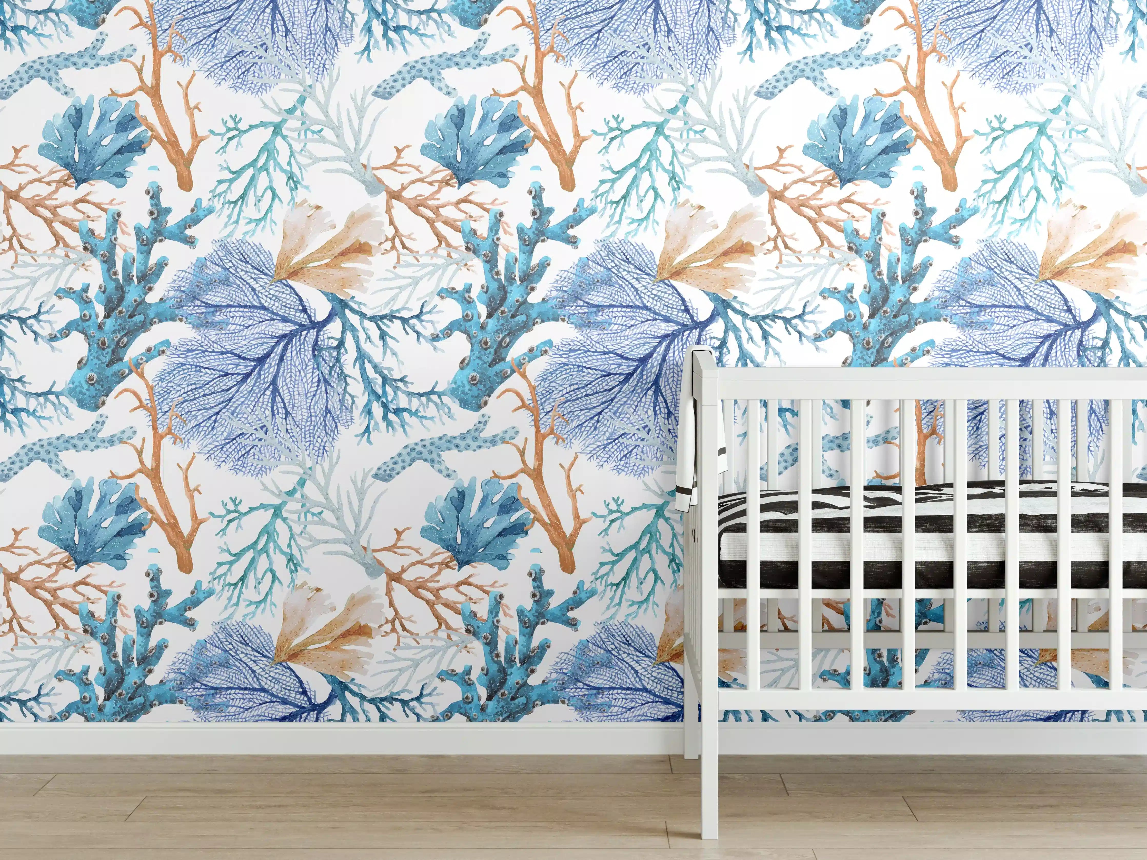 Babyzimmer Wandgestaltung - Blau-Beige Korallenmuster