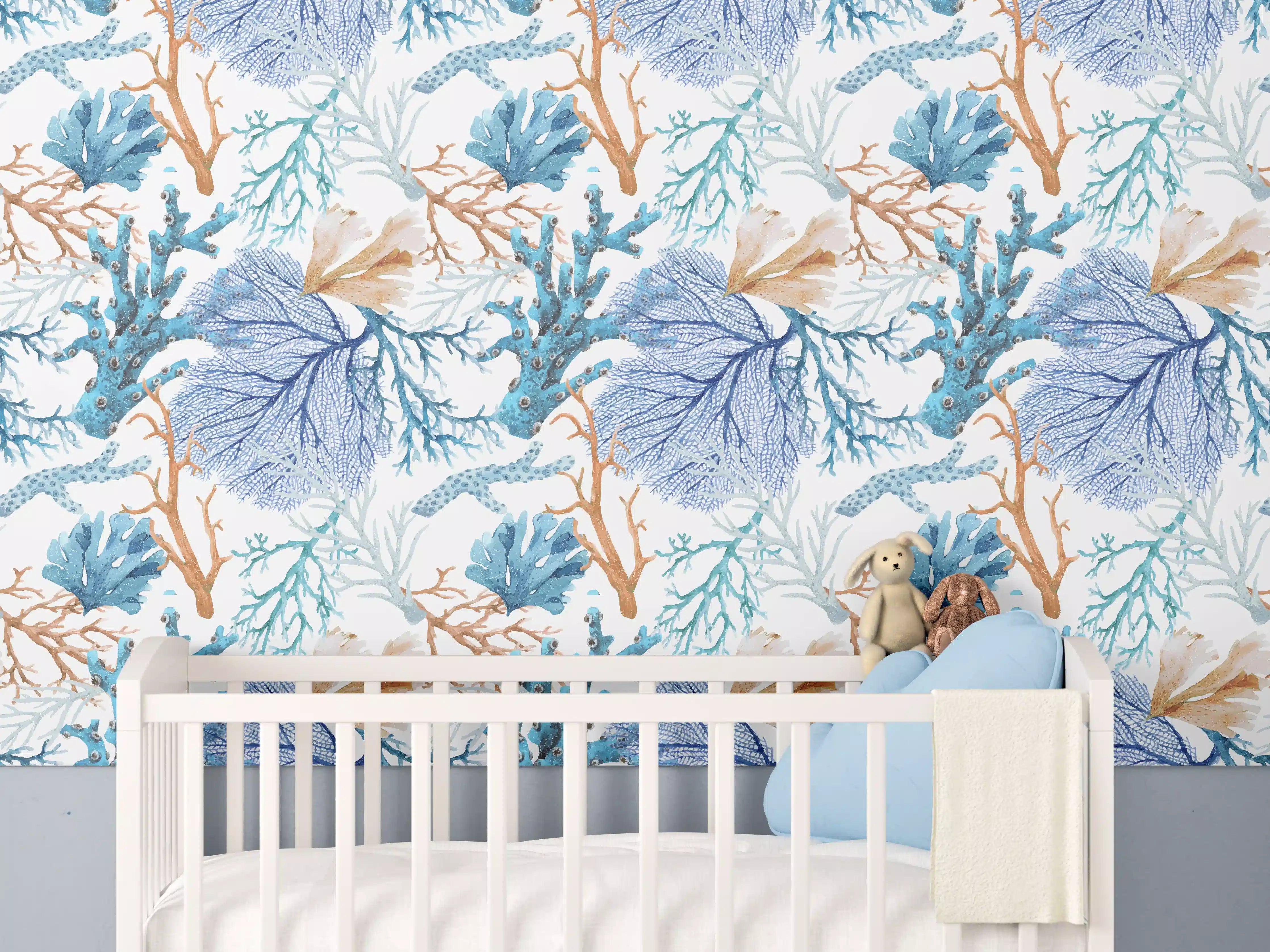 Babyzimmer Wandgestaltung - Blau-Beige Korallenmuster