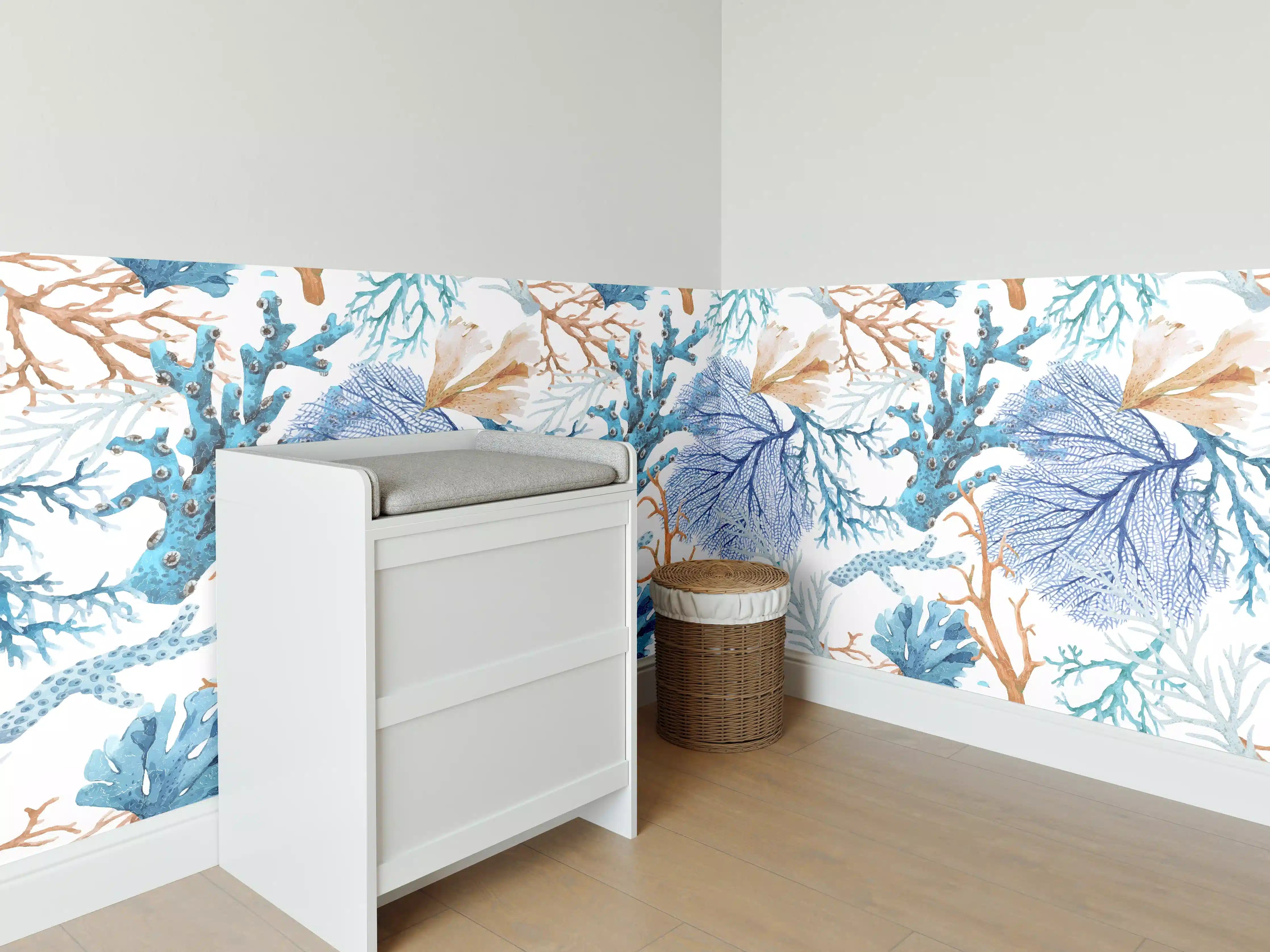 Babyzimmer Wandgestaltung - Blau-Beige Korallenmuster