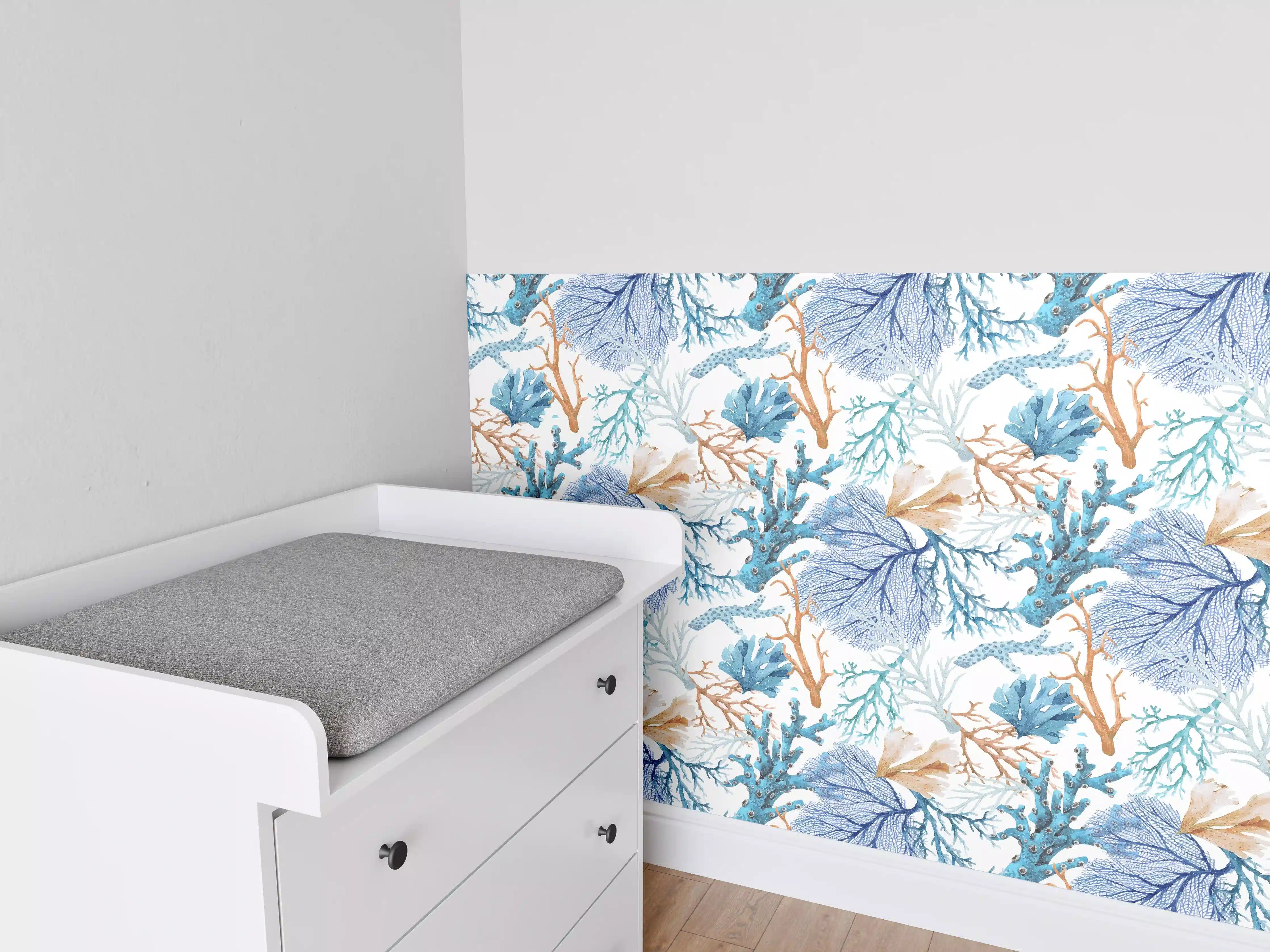 Babyzimmer Wandgestaltung - Blau-Beige Korallenmuster