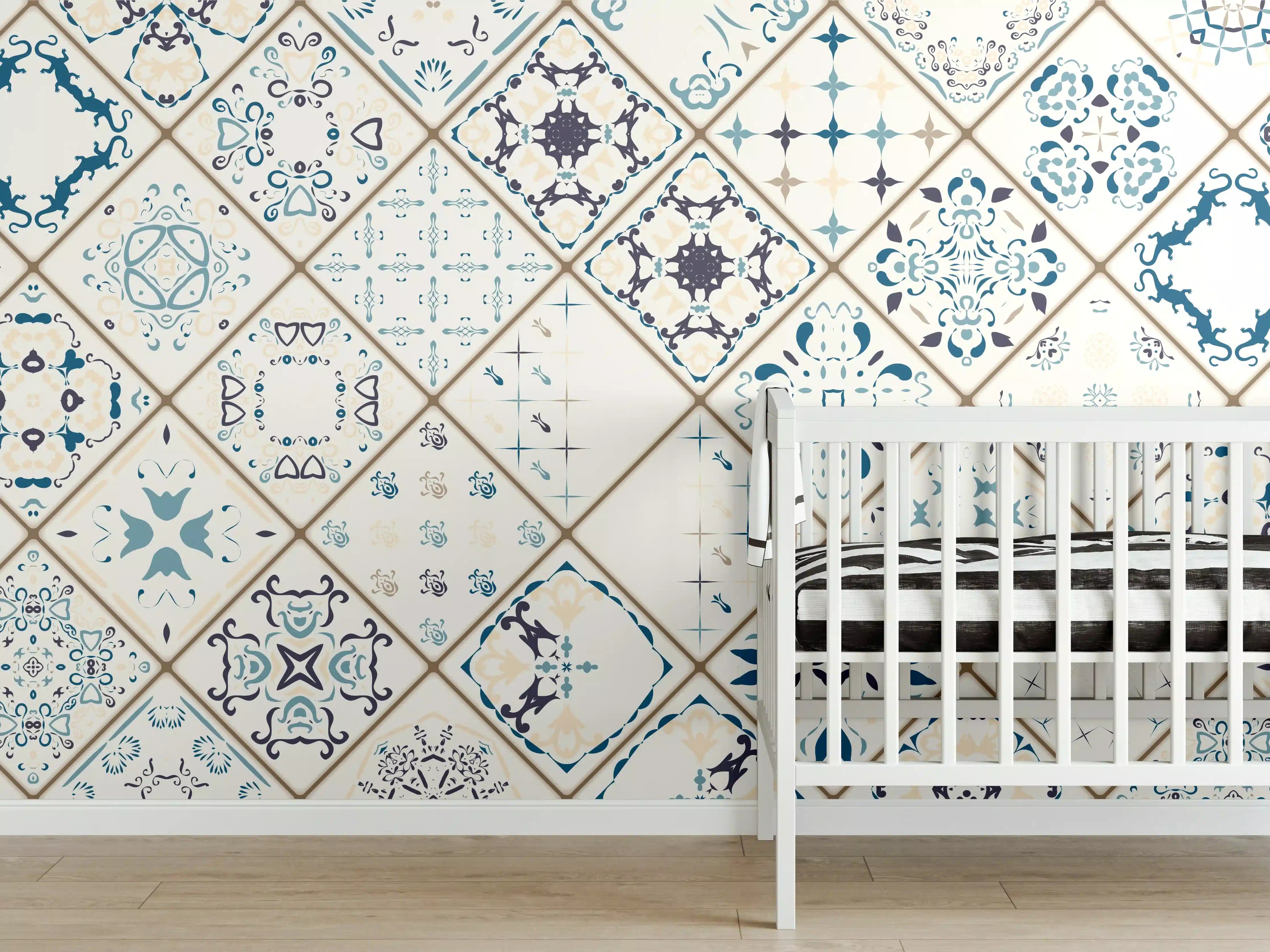 Babyzimmer Wandgestaltung - Blau-Beige Retro Fliesendesign