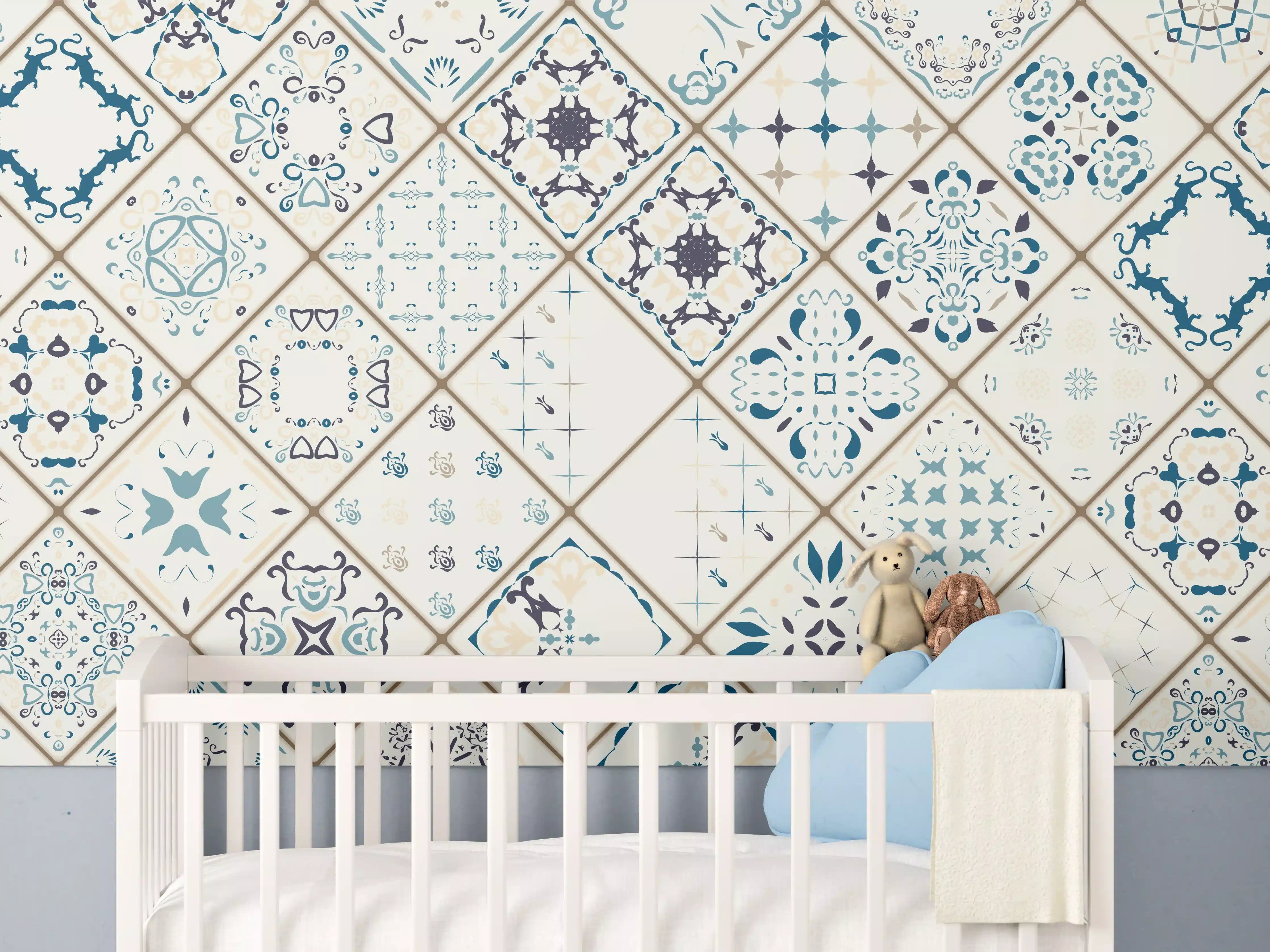 Babyzimmer Wandgestaltung - Blau-Beige Retro Fliesendesign