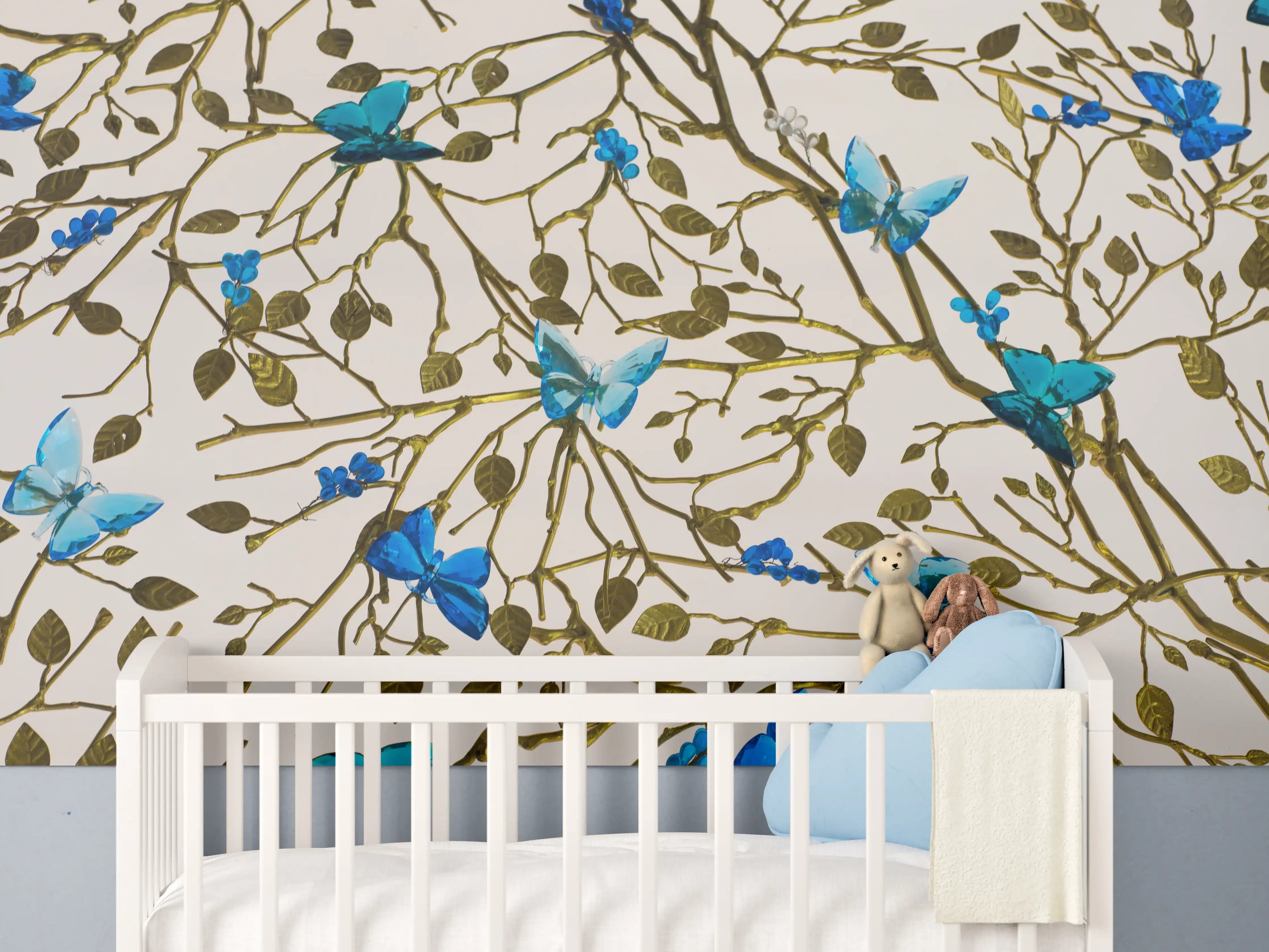 Babyzimmer Wandgestaltung - Blau-Goldenes Blumenmuster