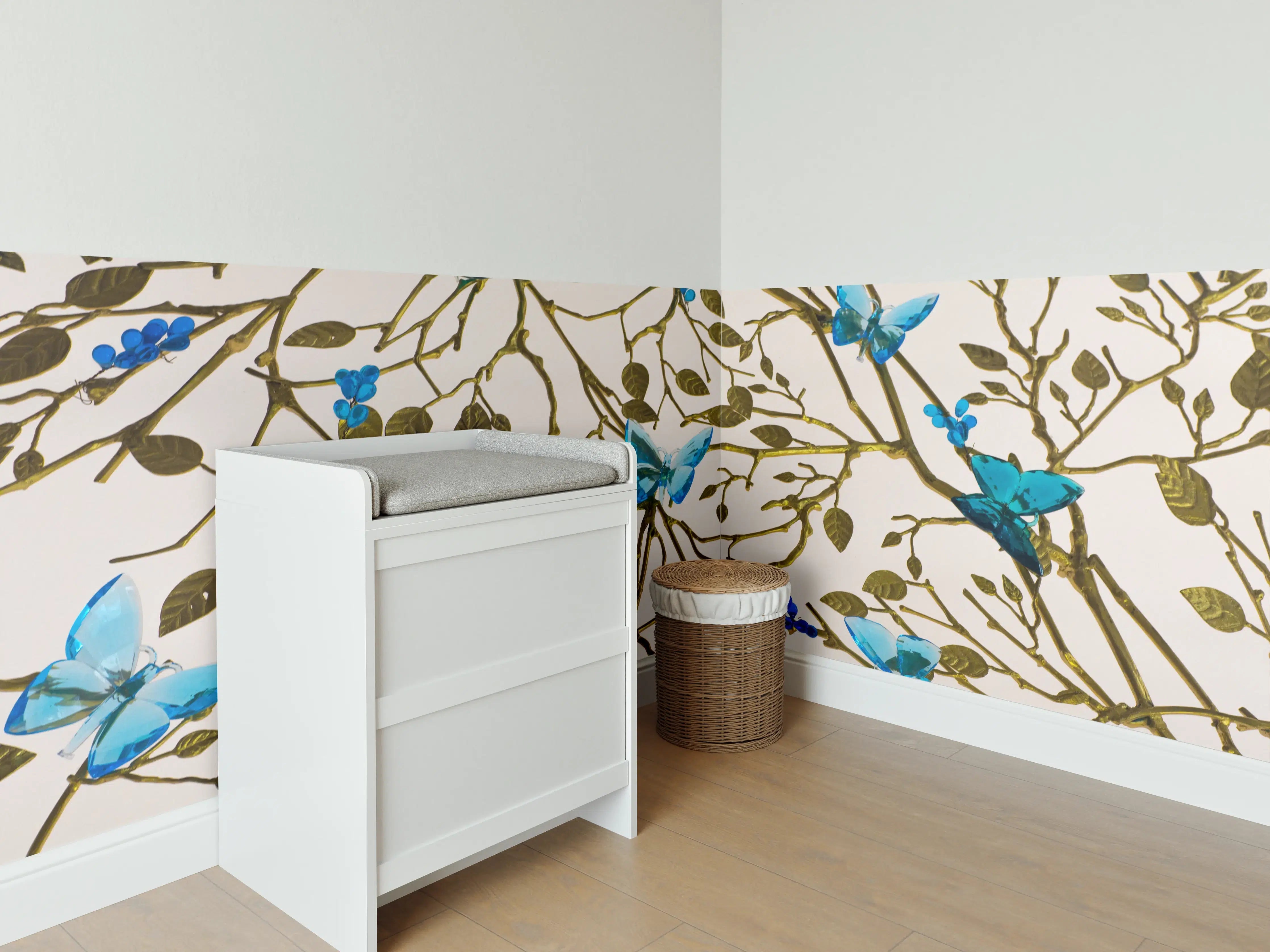 Babyzimmer Wandgestaltung - Blau-Goldenes Blumenmuster