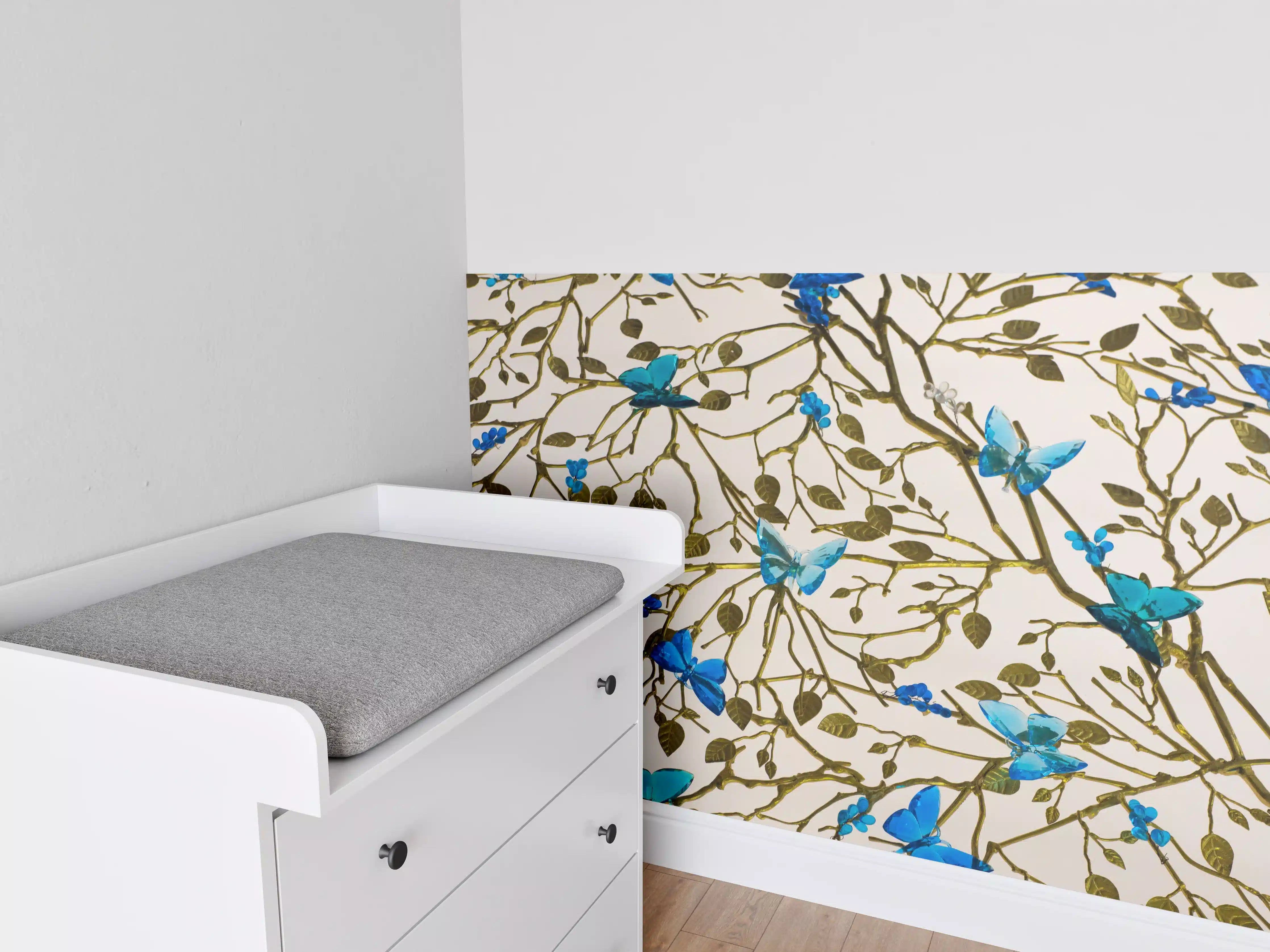 Babyzimmer Wandgestaltung - Blau-Goldenes Blumenmuster