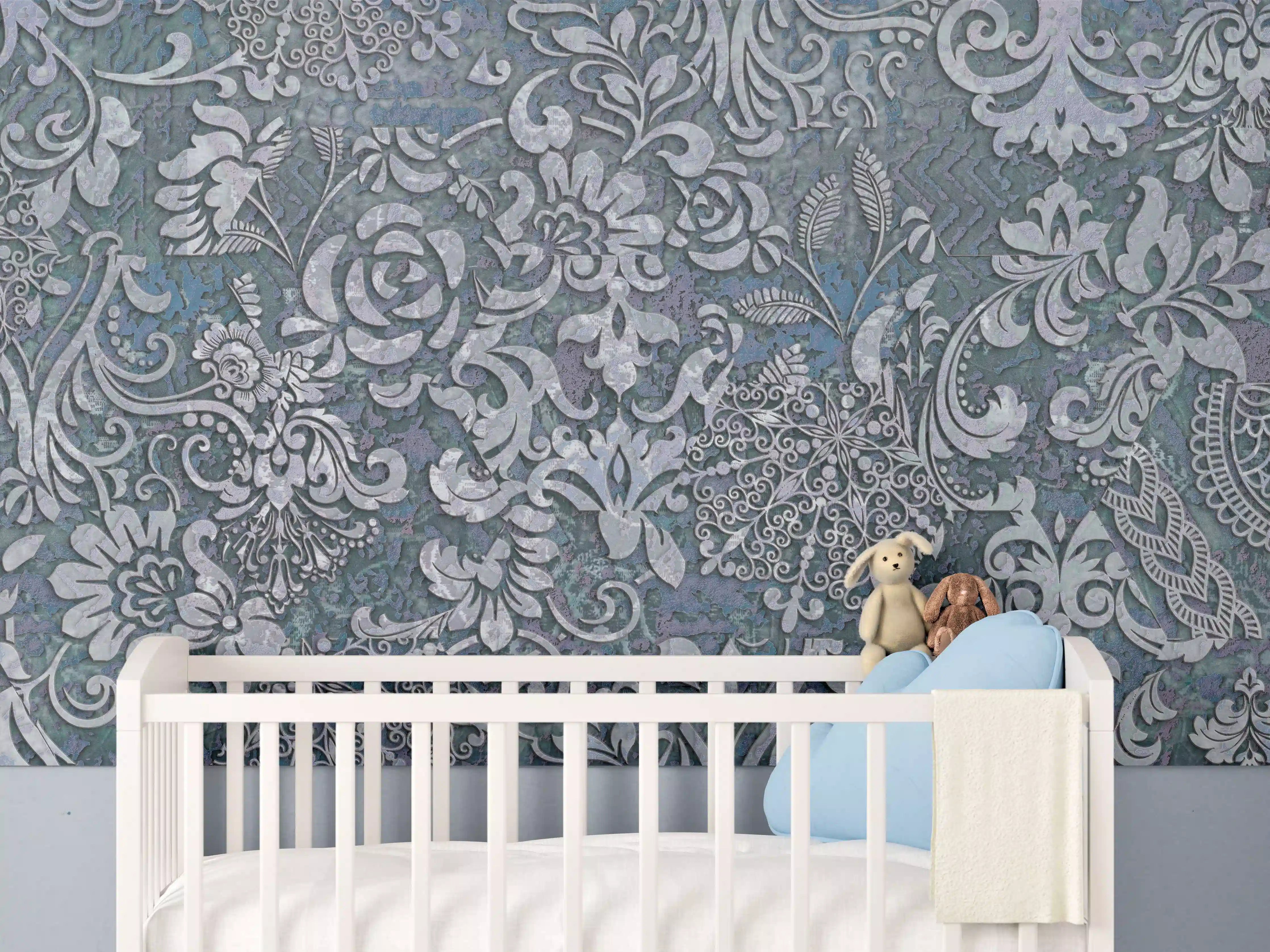 Babyzimmer Wandgestaltung - Blau-Grau Vintage Kunst
