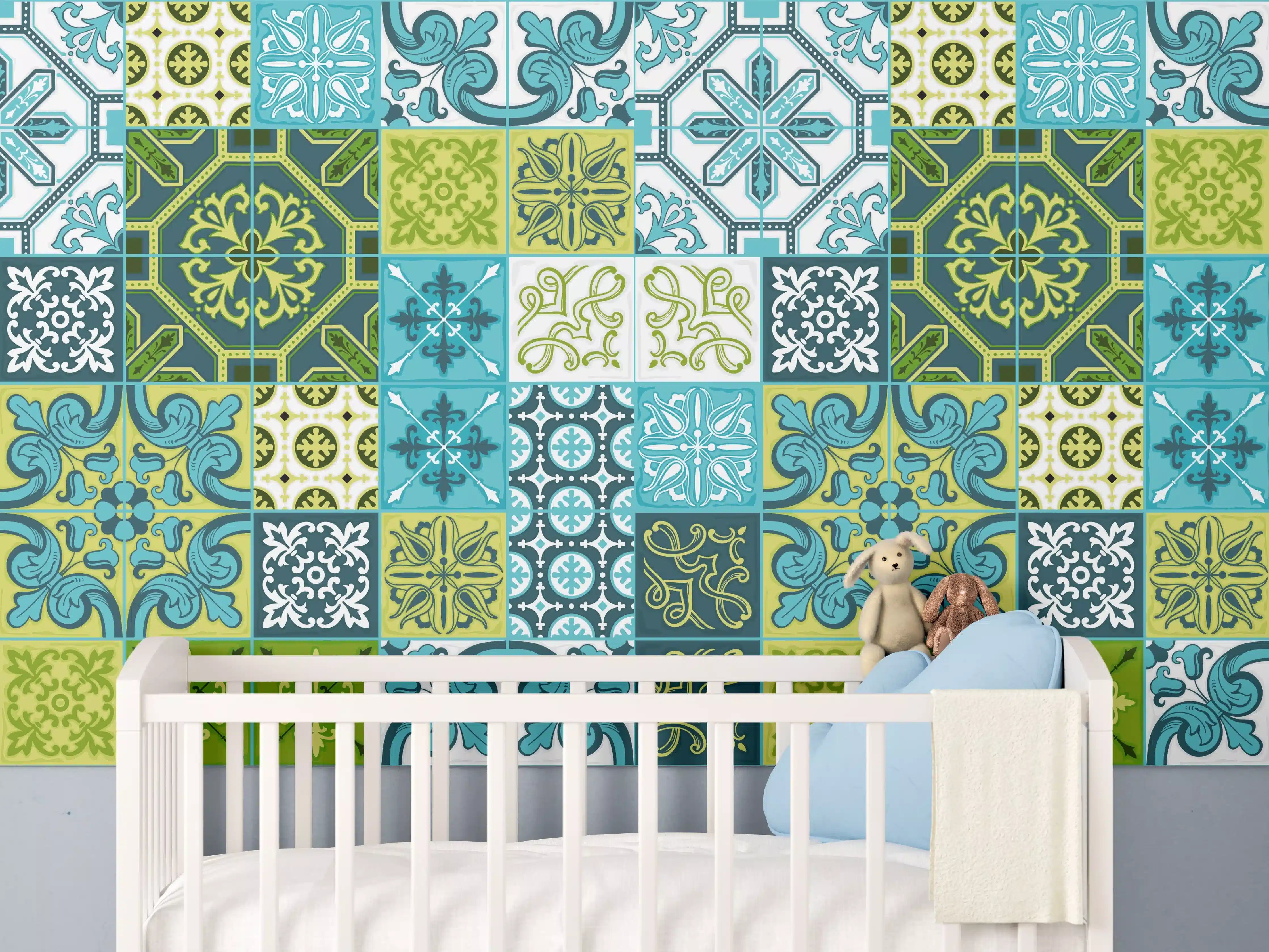 Babyzimmer Wandgestaltung - Blau-Grüne Deko-Fliesen