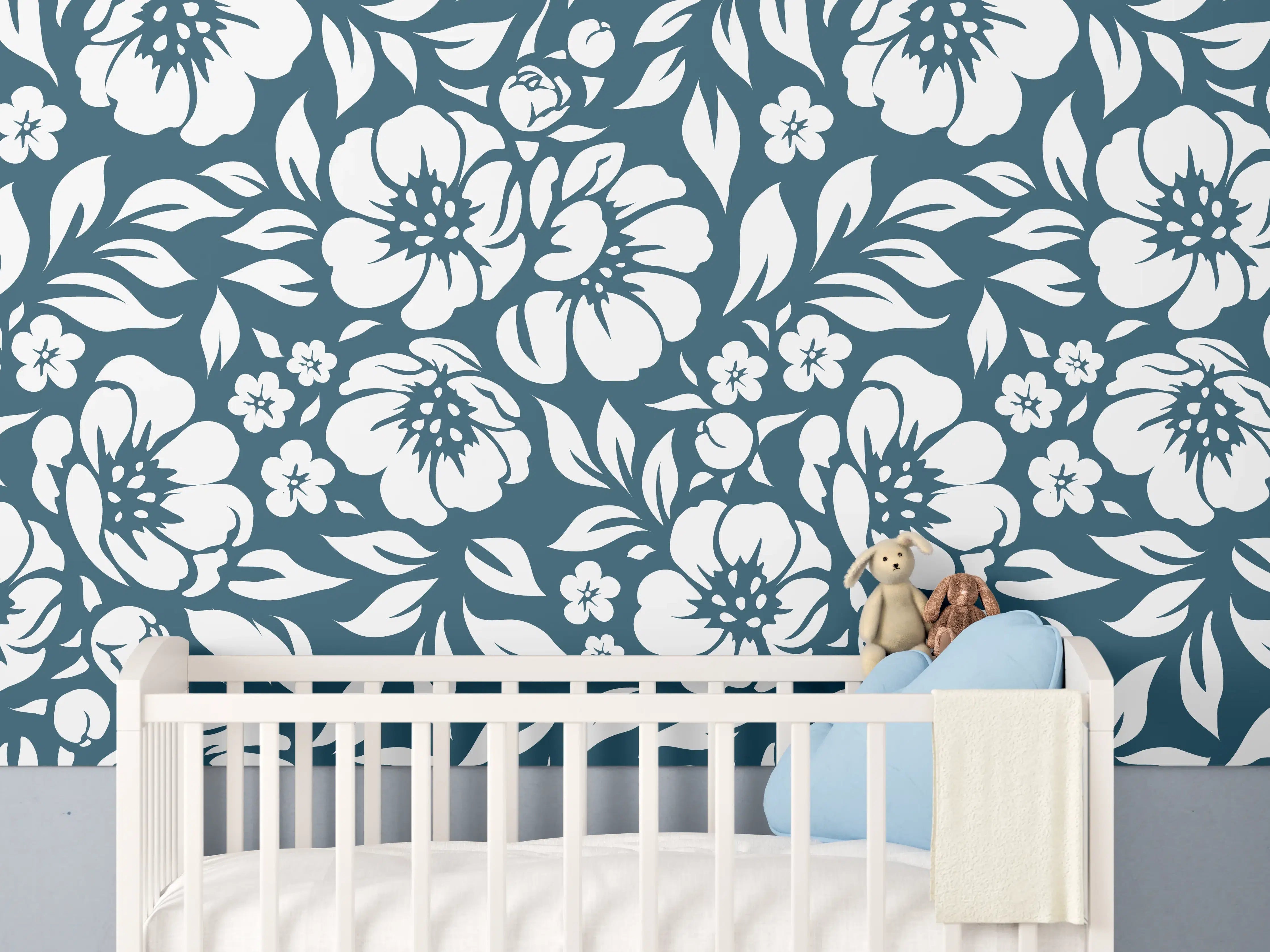 Babyzimmer Wandgestaltung - Blau Petrol Floreale Muster