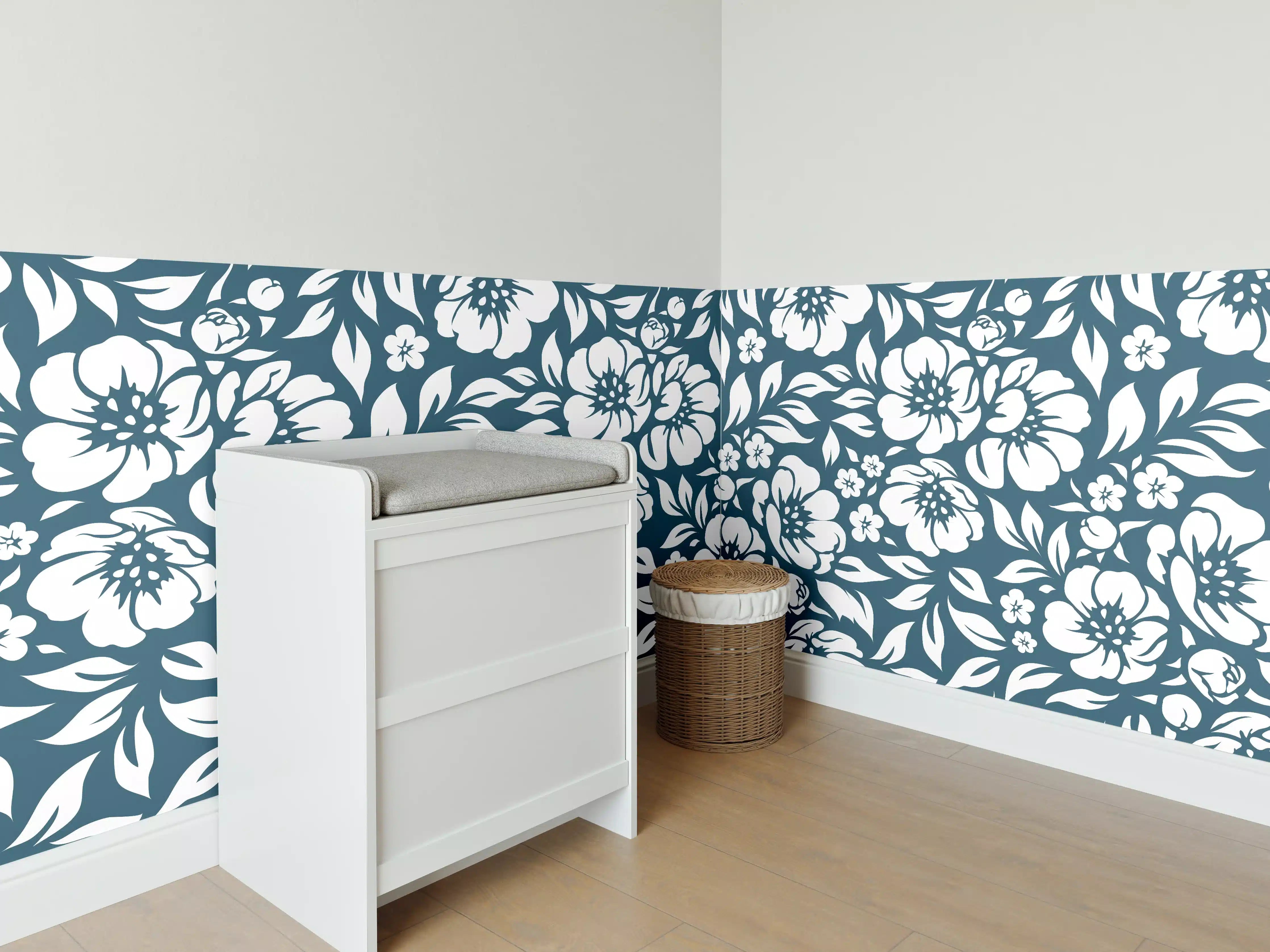 Babyzimmer Wandgestaltung - Blau Petrol Floreale Muster