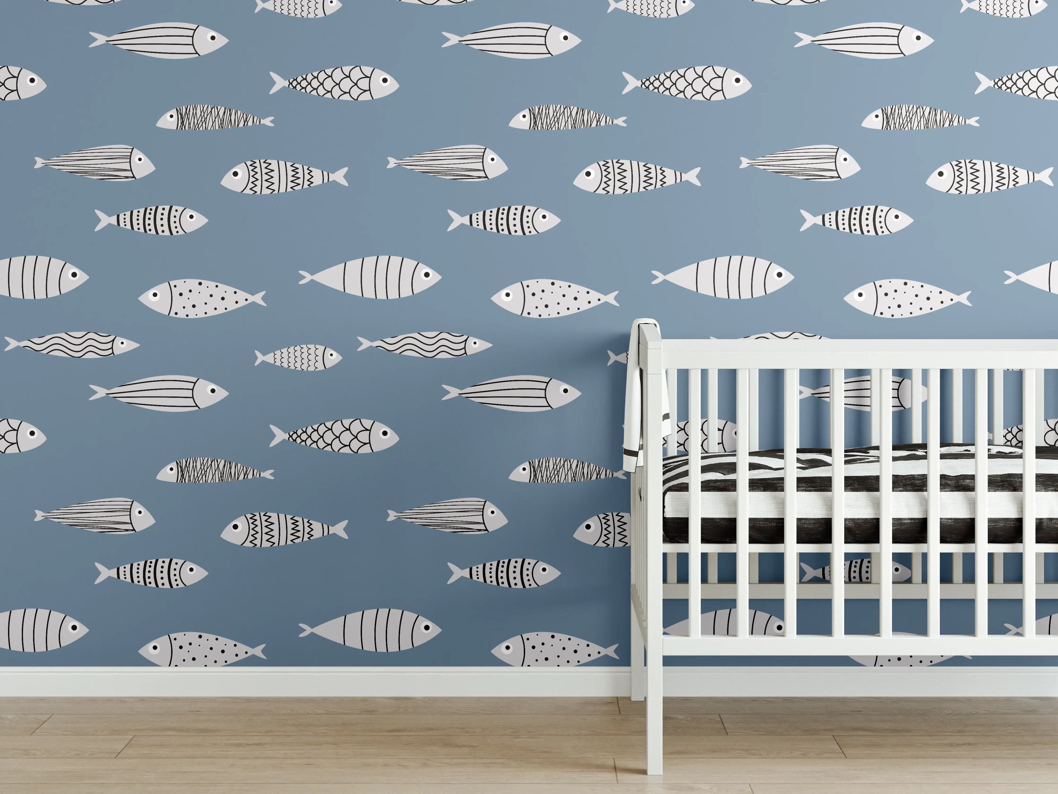 Babyzimmer Wandgestaltung - Blau-Weiß Fischmuster