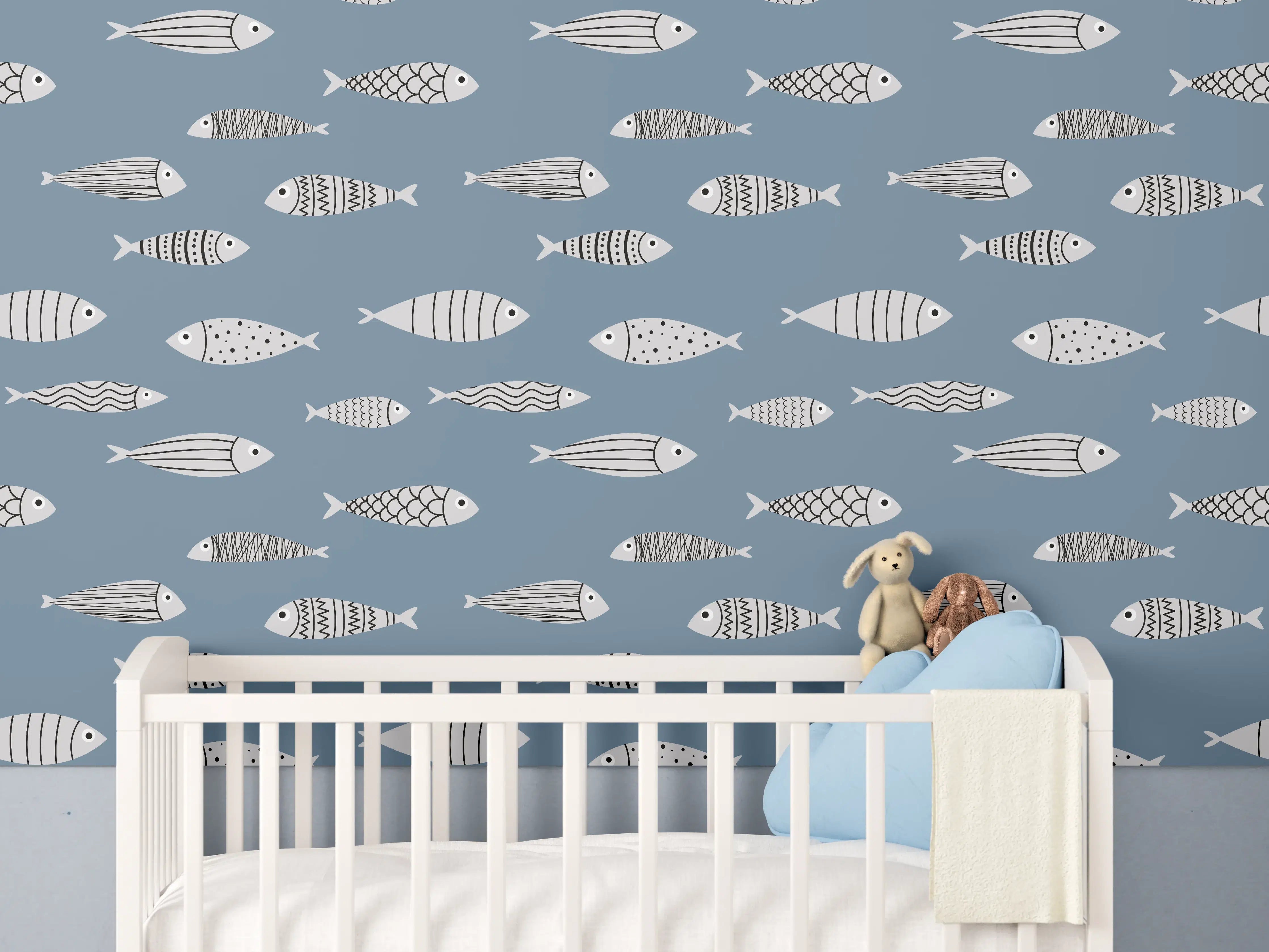 Babyzimmer Wandgestaltung - Blau-Weiß Fischmuster