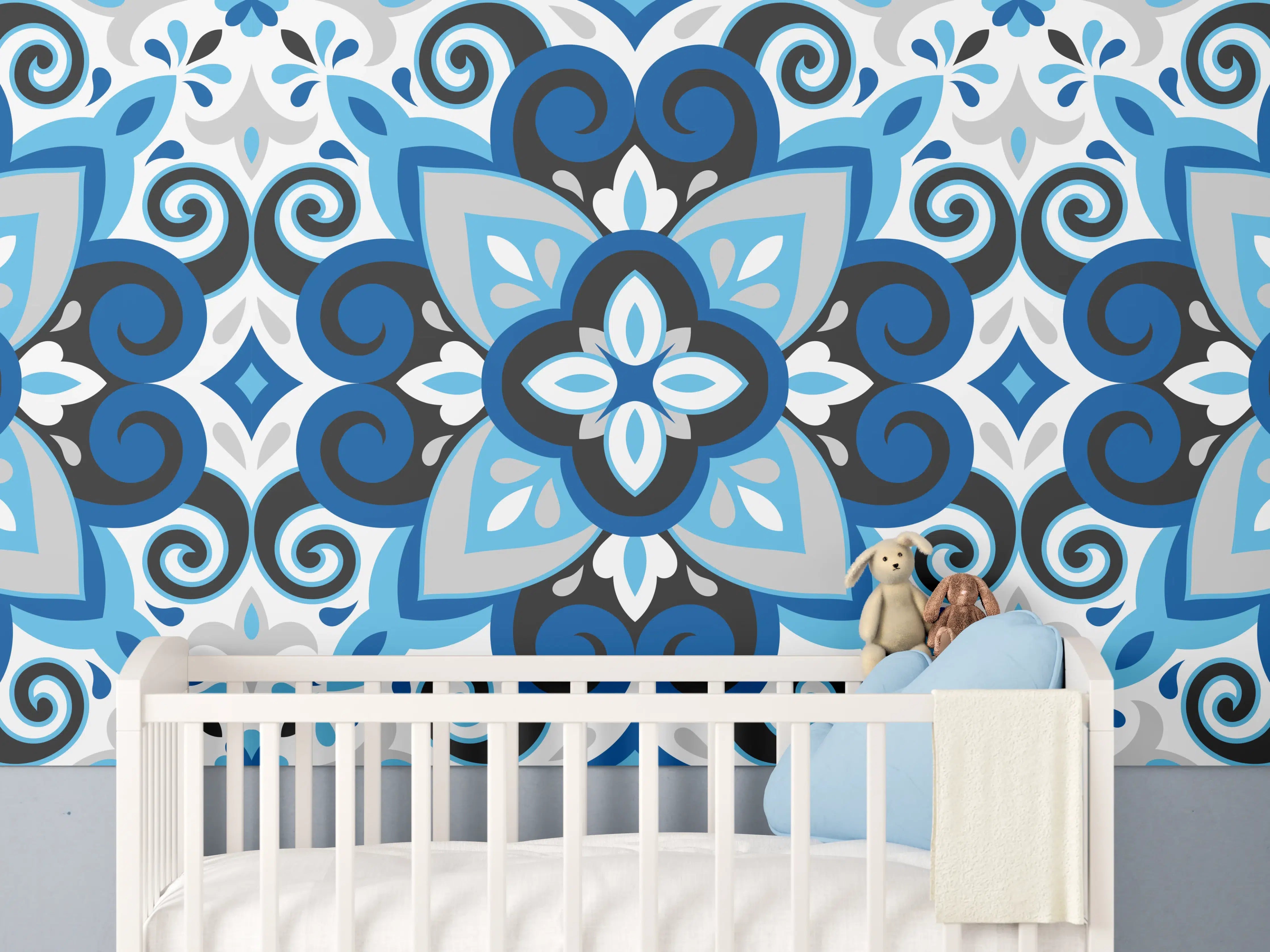 Babyzimmer Wandgestaltung - Blau-Weißes Mandala Fliesenmuster